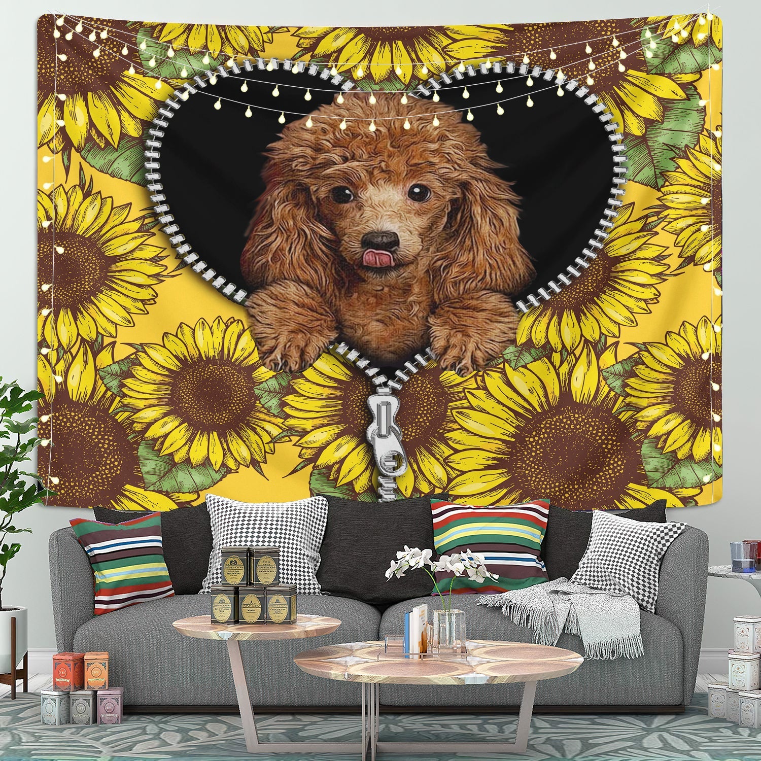 Cute Dog Poodle Sunflower Zipper Tapestry Room Decor Nearkii