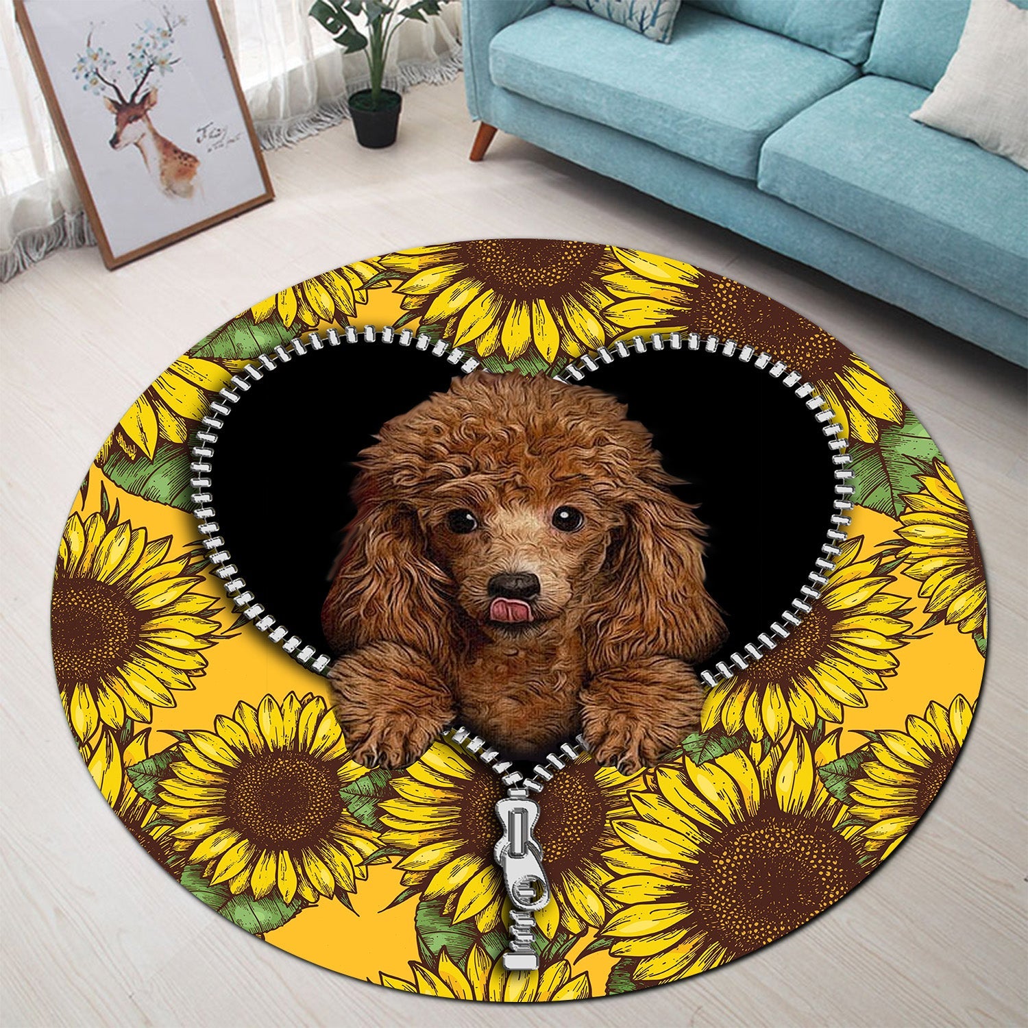 Cute Dog Poodle Sunflower Zipper Round Carpet Rug Bedroom Livingroom Home Decor Nearkii