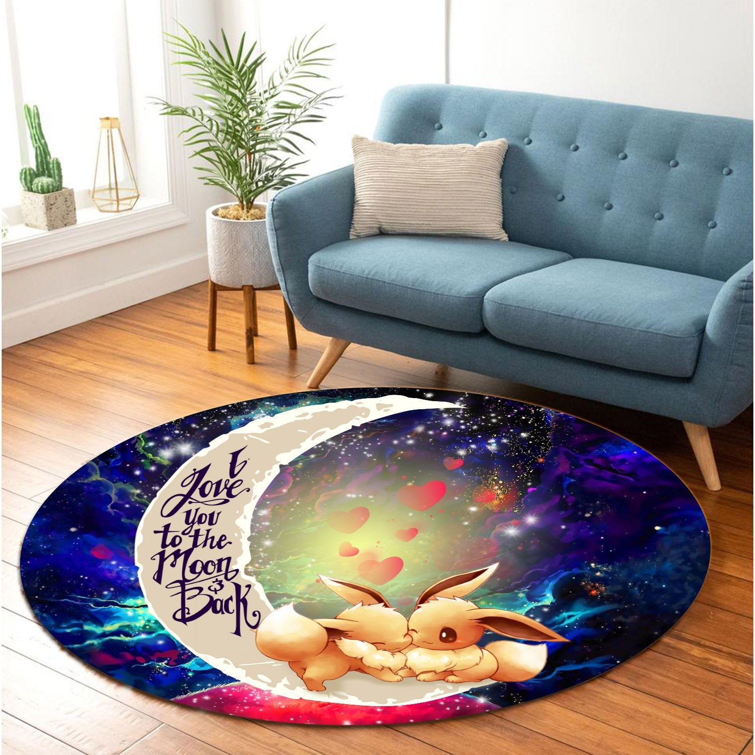 Cute Eevee Pokemon Couple Love You To The Moon Galaxy Round Carpet Rug Bedroom Livingroom Home Decor Nearkii