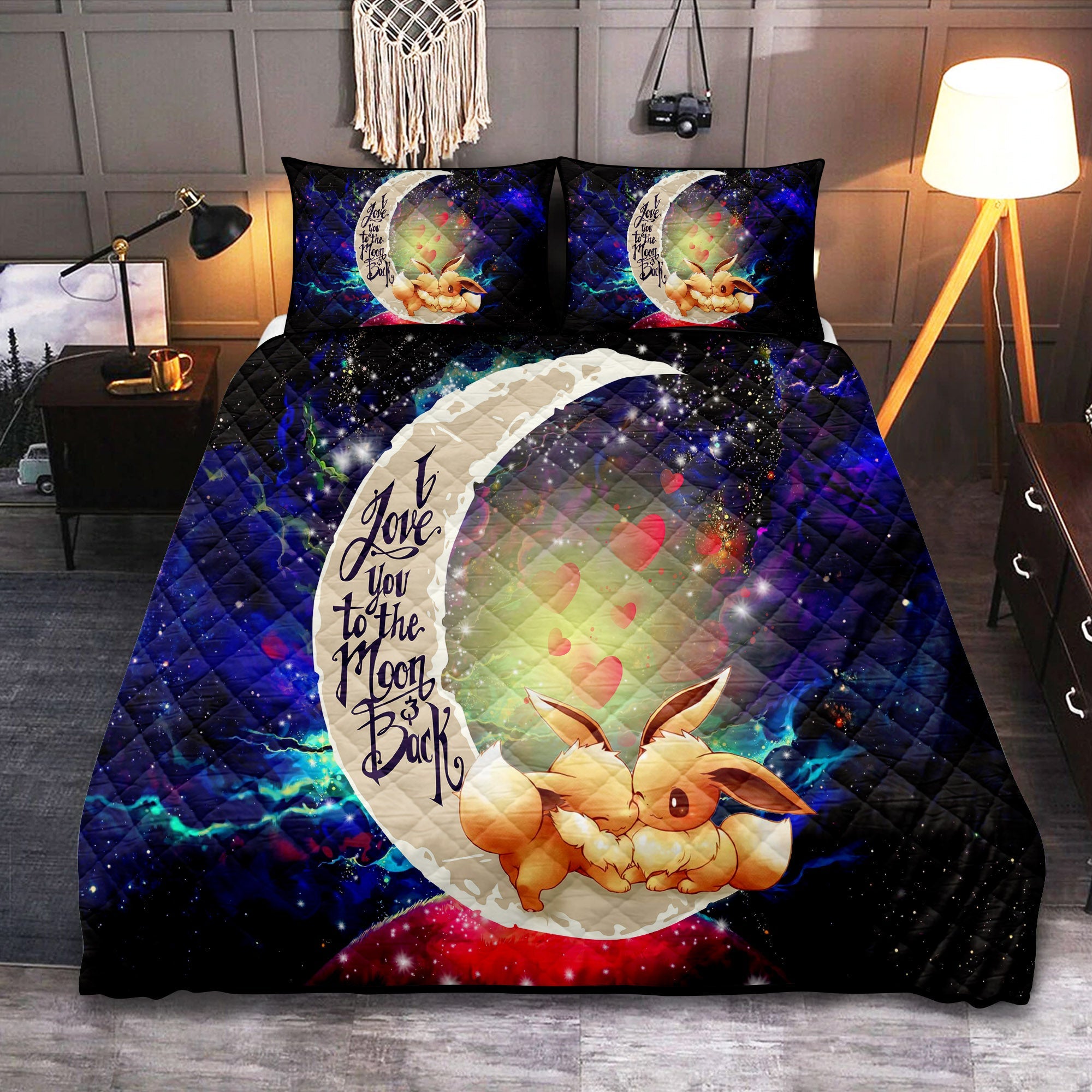 Cute Eevee Pokemon Couple Love You To The Moon Galaxy Quilt Bed Sets Nearkii