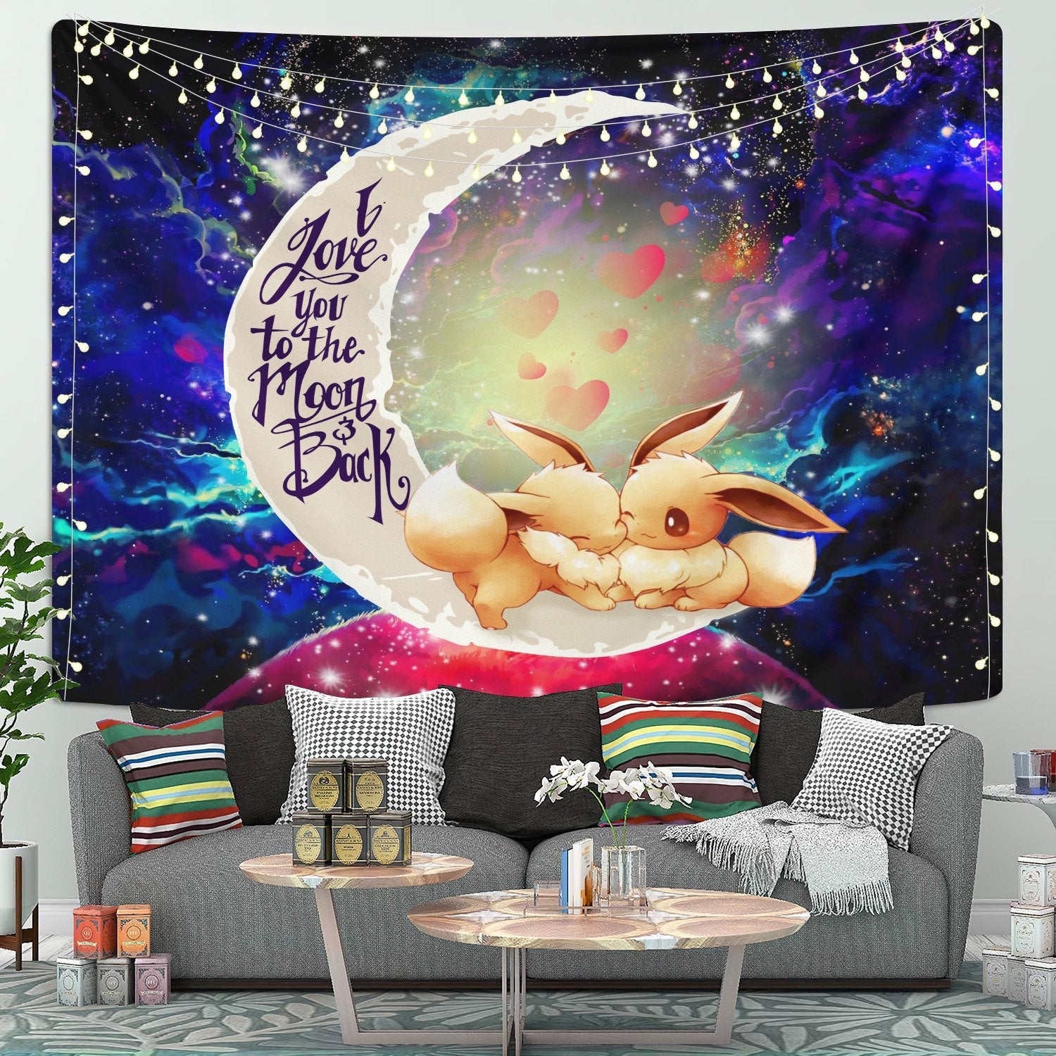 Cute Eevee Pokemon Couple Moon And Back Galaxy Tapestry Room Decor Nearkii