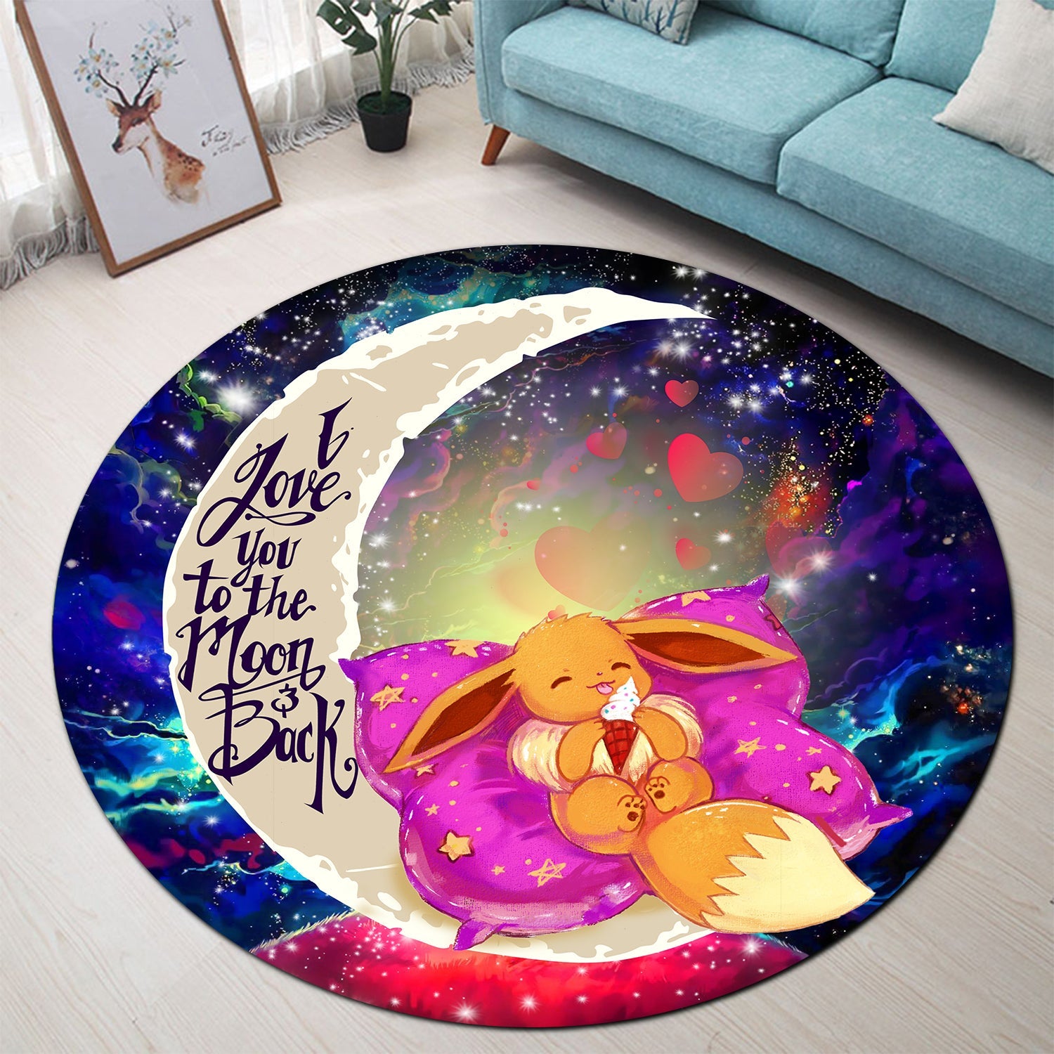 Cute Eevee Pokemon Sleep Night Love You To The Moon Galaxy Round Carpet Rug Bedroom Livingroom Home Decor Nearkii