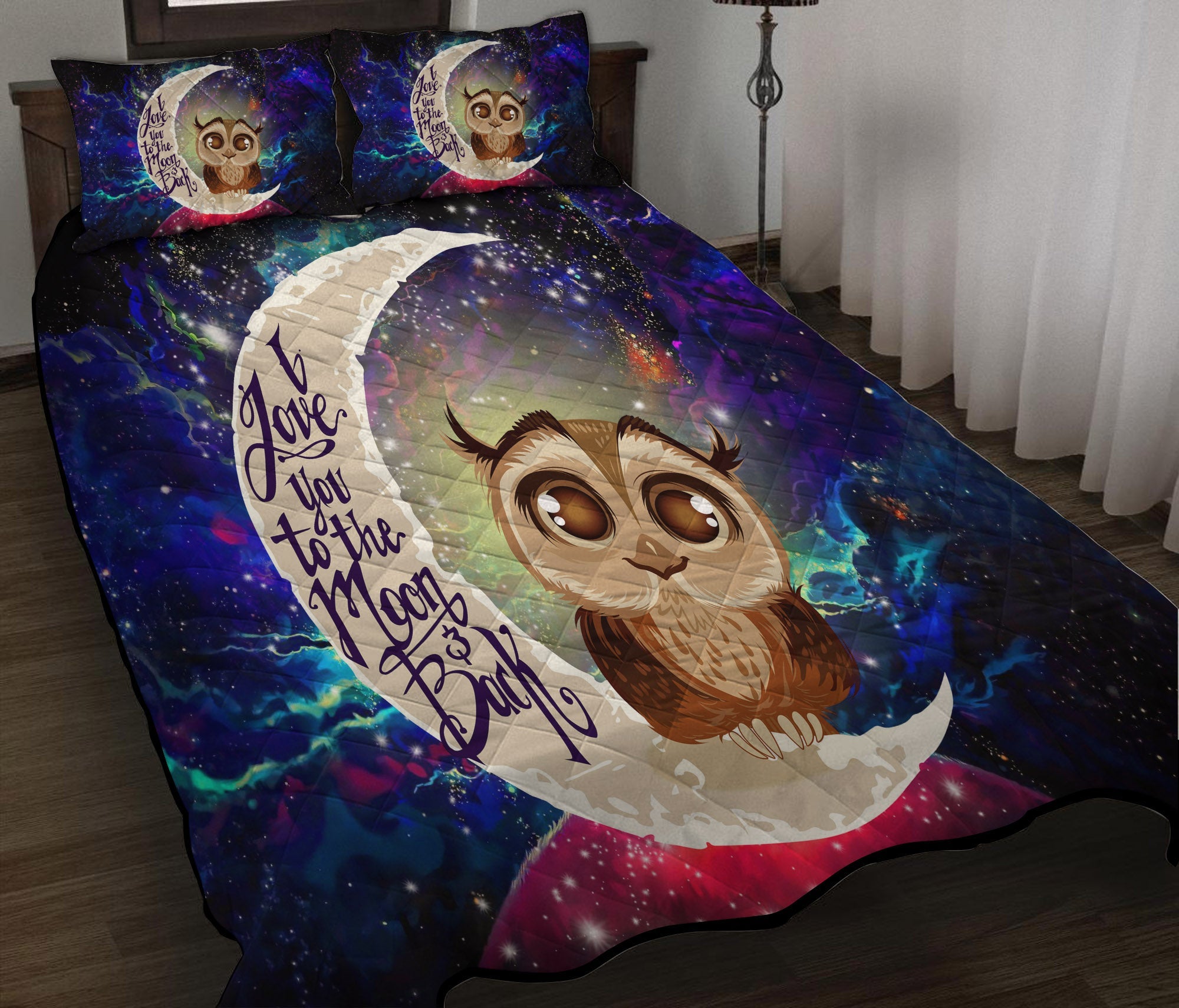 Cute Owl Love You To The Moon Galaxy Quilt Bed Sets Nearkii