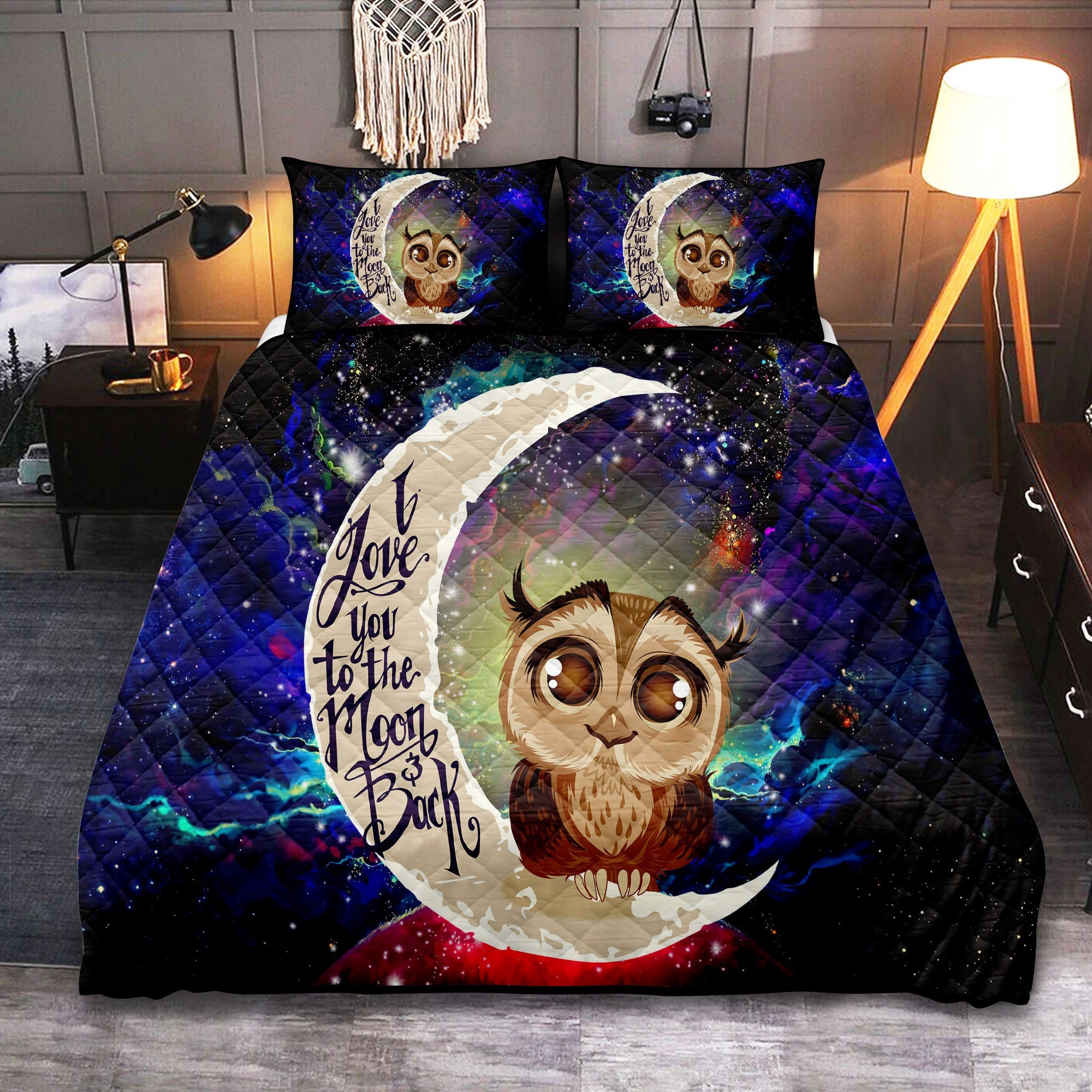 Cute Owl Love You To The Moon Galaxy Quilt Bed Sets Nearkii