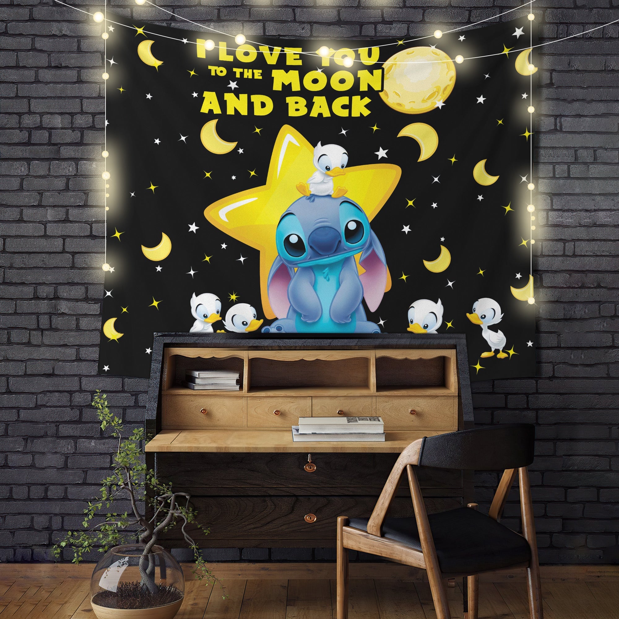 Cute Stitch Love Moon Back And Dutch Black Tapestry Room Decor Nearkii