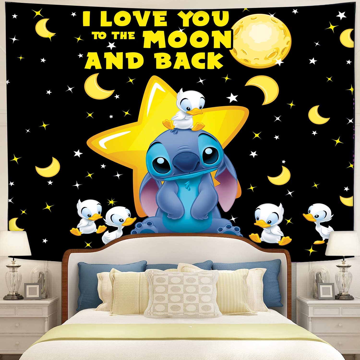 Cute Stitch Love Moon Back And Dutch Black Tapestry Room Decor Nearkii