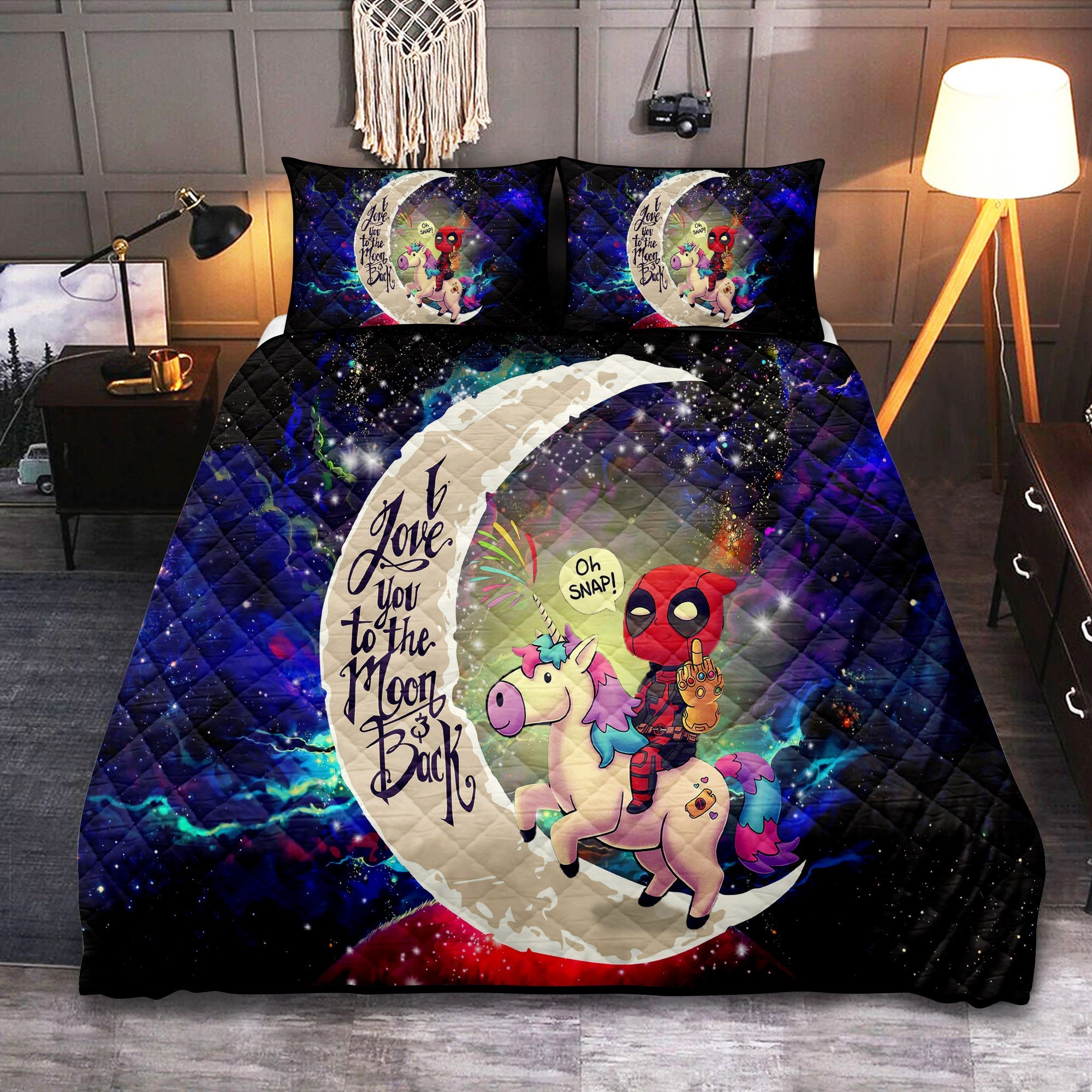 Deadpool Unicorn Love You To The Moon Galaxy Quilt Bed Sets Nearkii