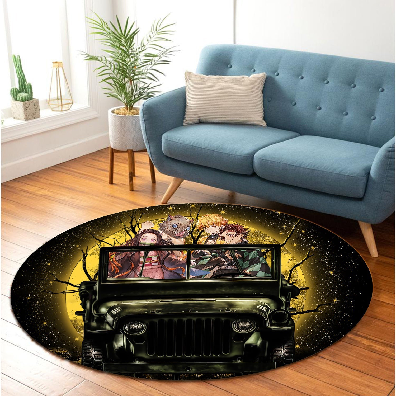 Demon Slayer Anime Jeep Moonlight Halloween Round Carpet Rug Bedroom Livingroom Home Decor Nearkii