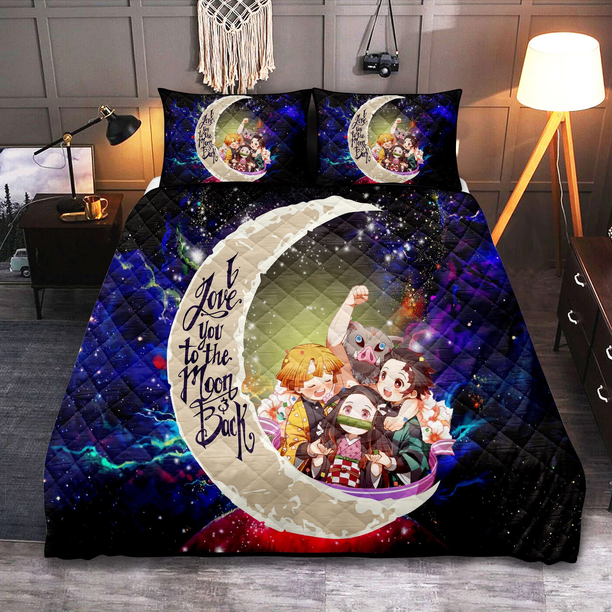 Demond Slayer Team Love You To The Moon Galaxy Quilt Bed Sets Nearkii