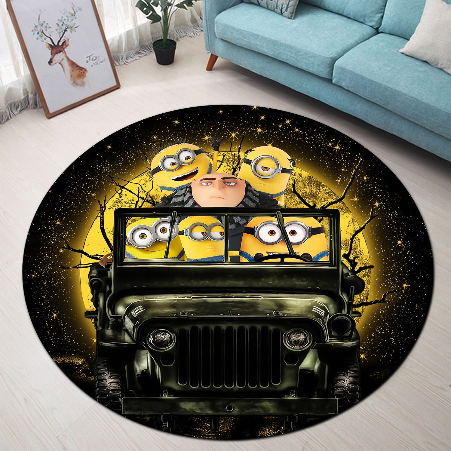 Despicable Me Gru And Minions Ride Jeep Moonlight Halloween Round Carpet Rug Bedroom Livingroom Home Decor Nearkii