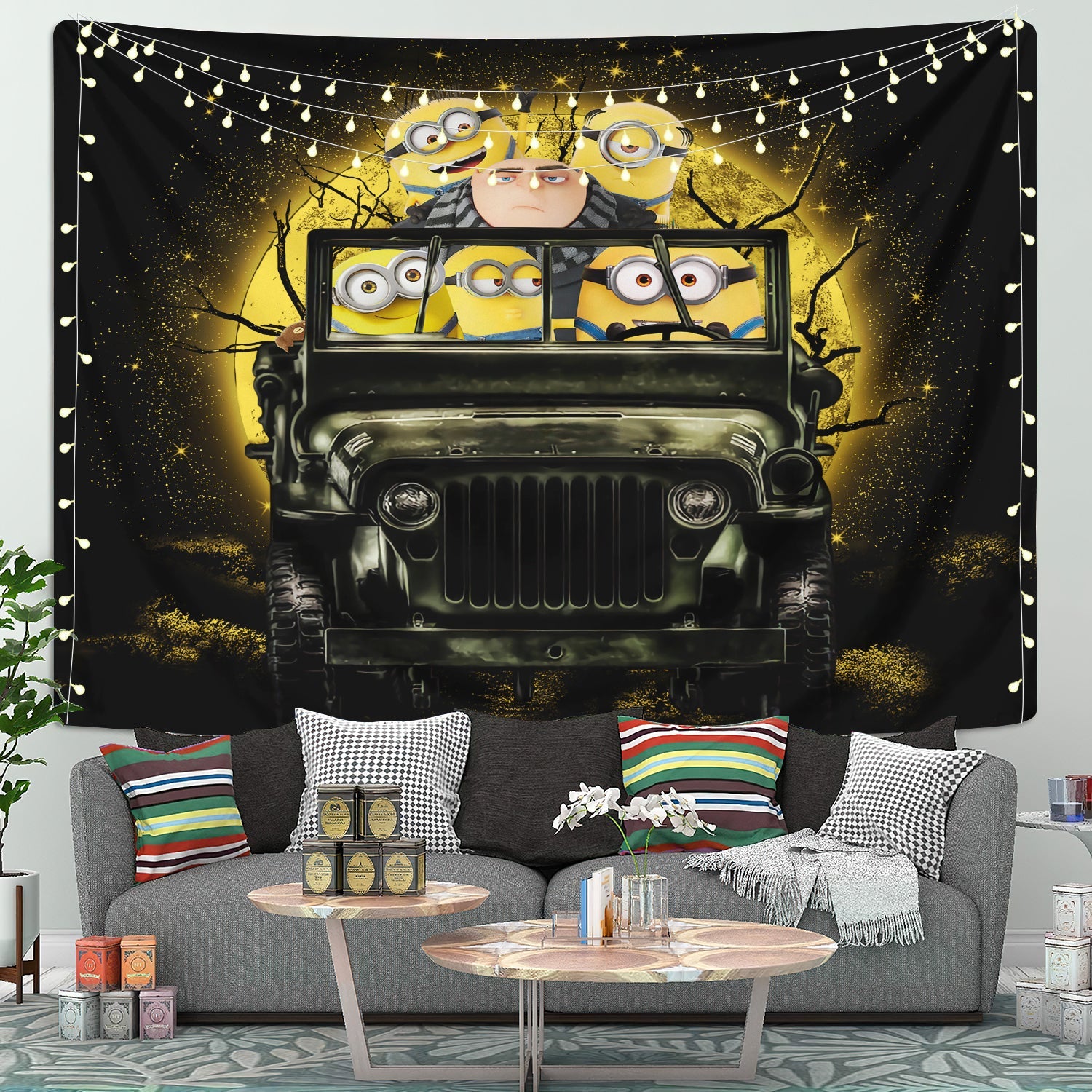 Despicable Me Gru And Minions Ride Jeep Moonlight Halloween Funny Tapestry Room Decor Nearkii