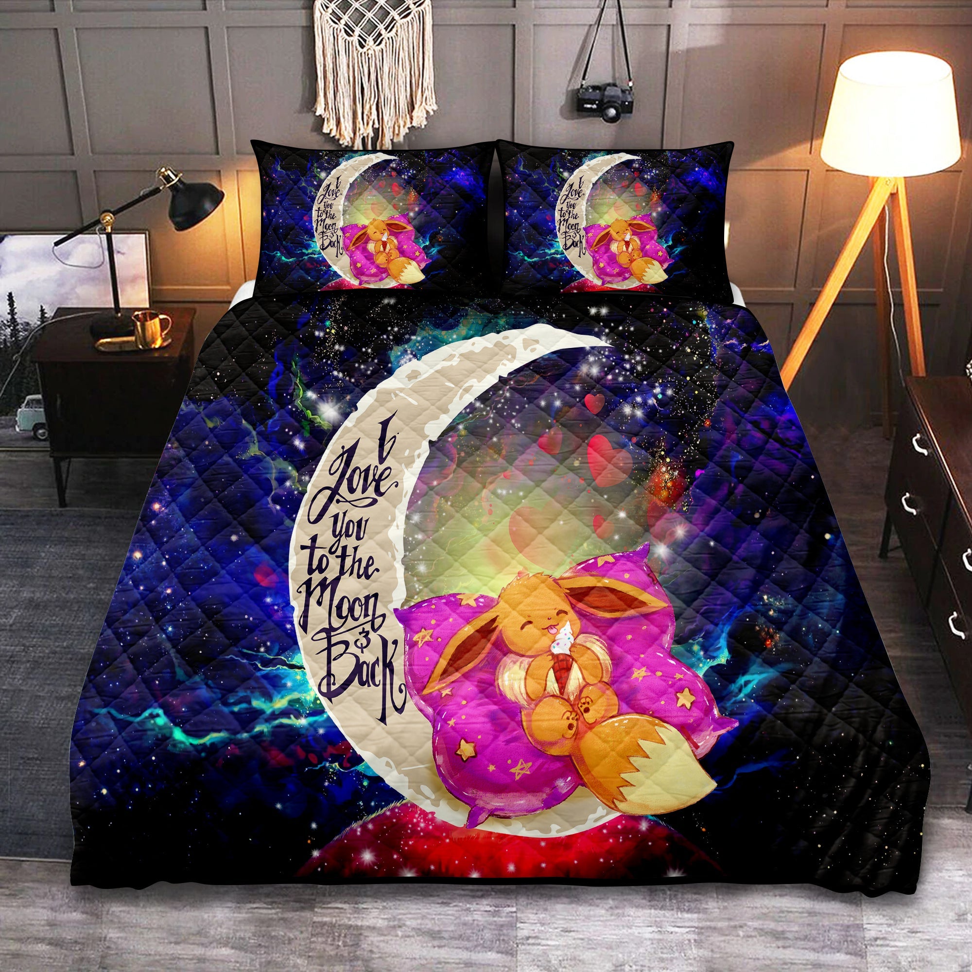 Cute Eevee Pokemon Sleep Night Love You To The Moon Galaxy Quilt Bed Sets Nearkii