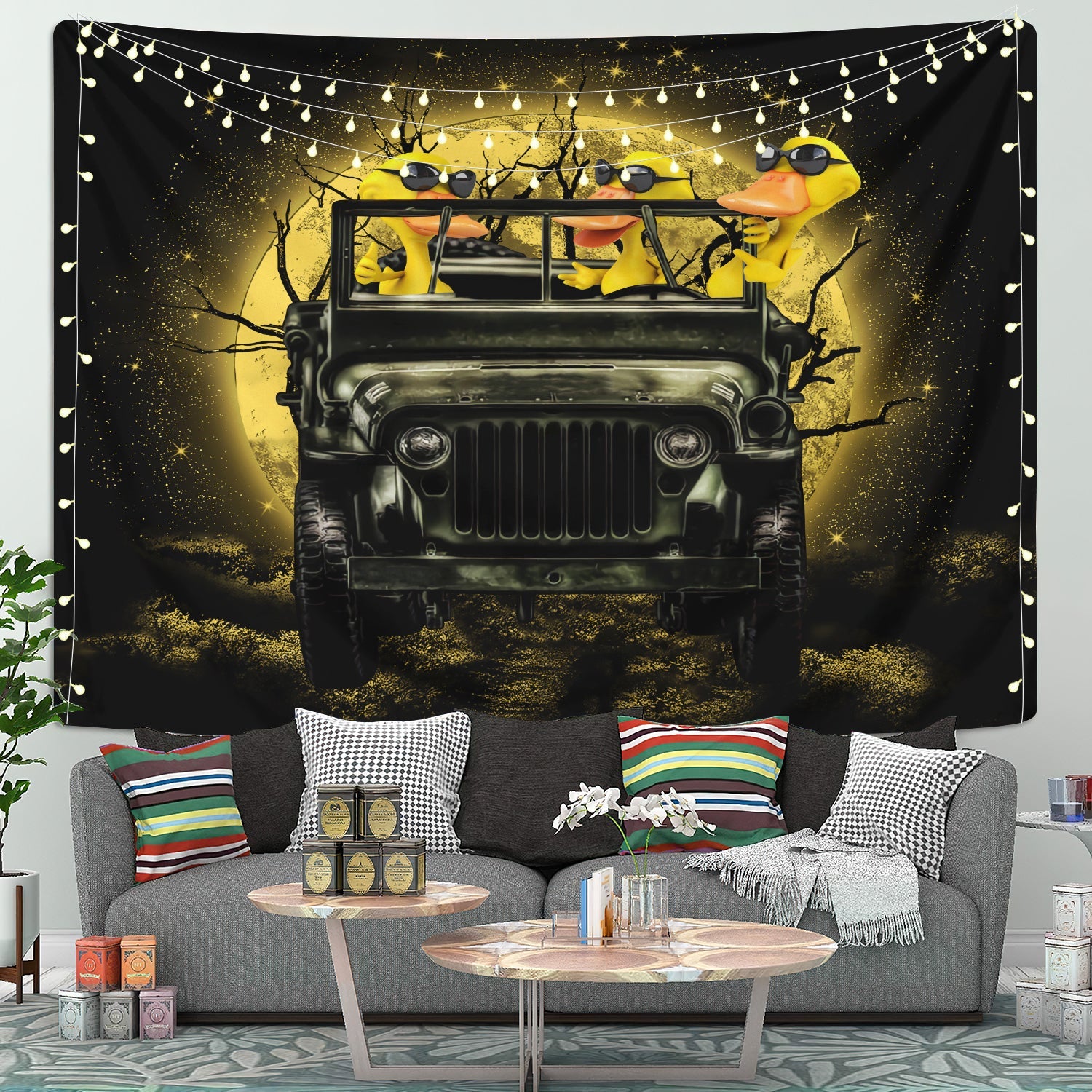 Funny Ducks Drive Jeep Moonlight Halloween Funny Tapestry Room Decor Nearkii