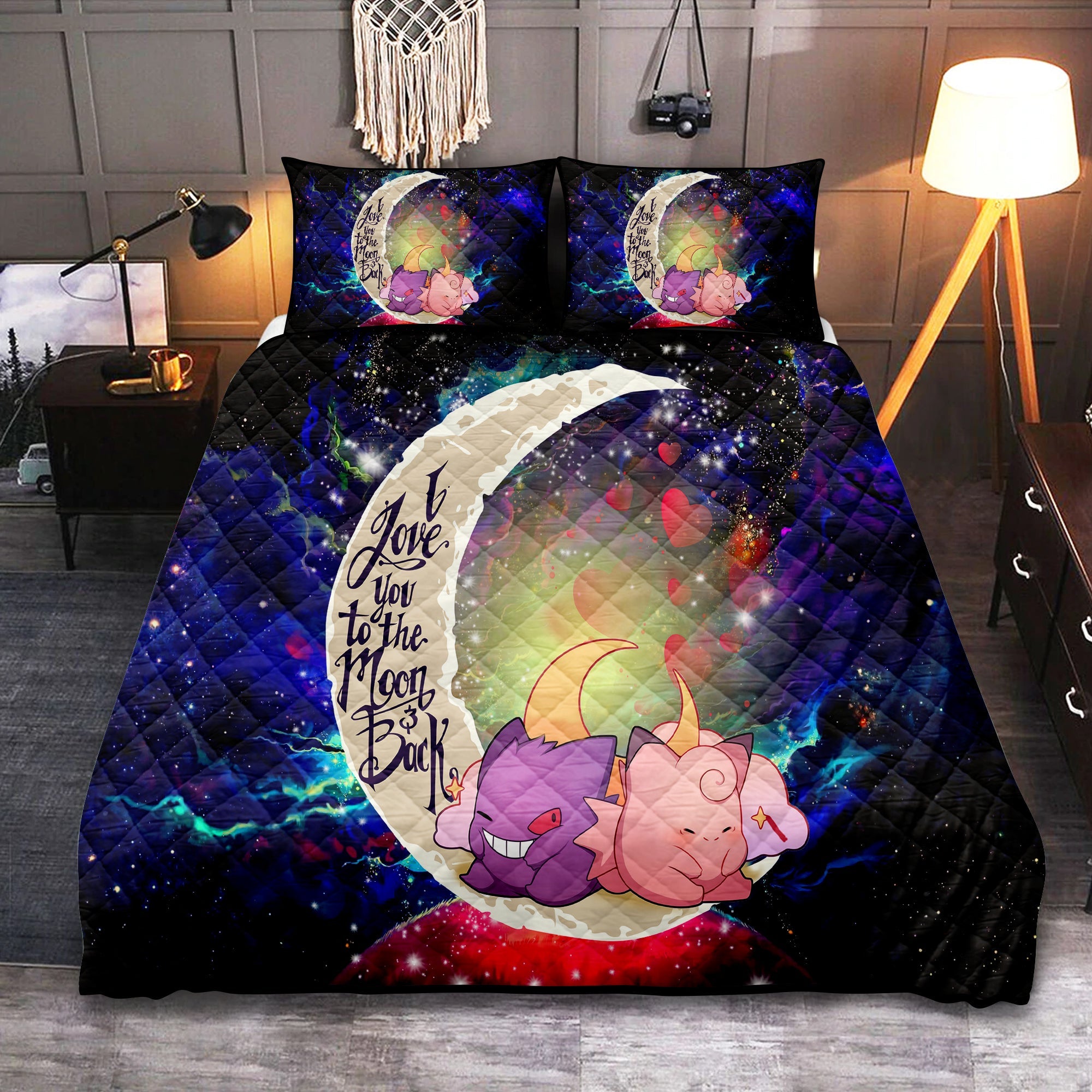 Gengar And Clefable Cute Pokemon Love You To The Moon Galaxy Quilt Bed Sets Nearkii