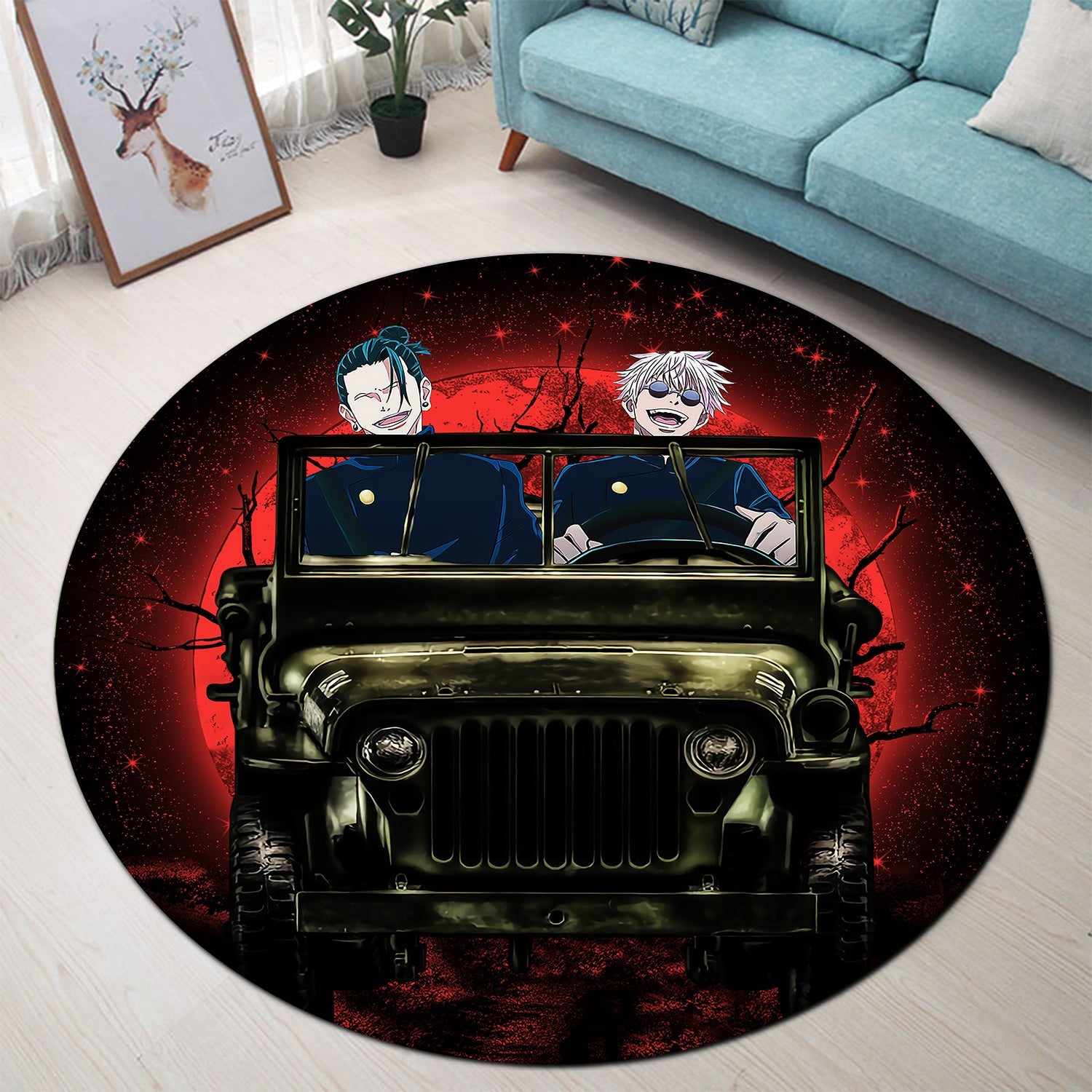 Gojo Geto Jujutsu Kaisen Ride Jeep Moonlight Halloween Round Carpet Rug Bedroom Livingroom Home Decor Nearkii