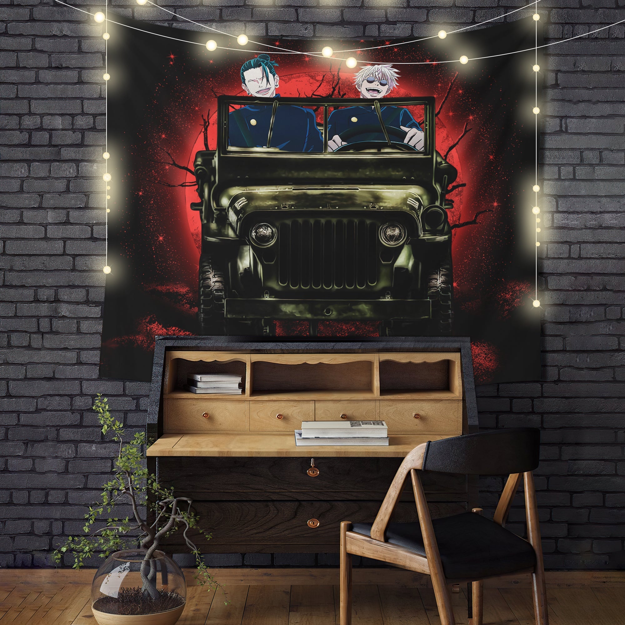 Gojo Geto Jujutsu Kaisen Ride Jeep Moonlight Halloween Funny Tapestry Room Decor Nearkii