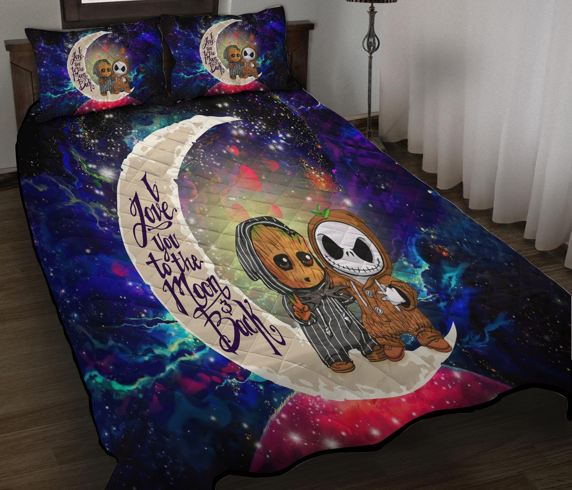 Cute Baby Groot And Jack Nightmare Before Christmas Love You To The Moon Galaxy Quilt Bed Sets Nearkii