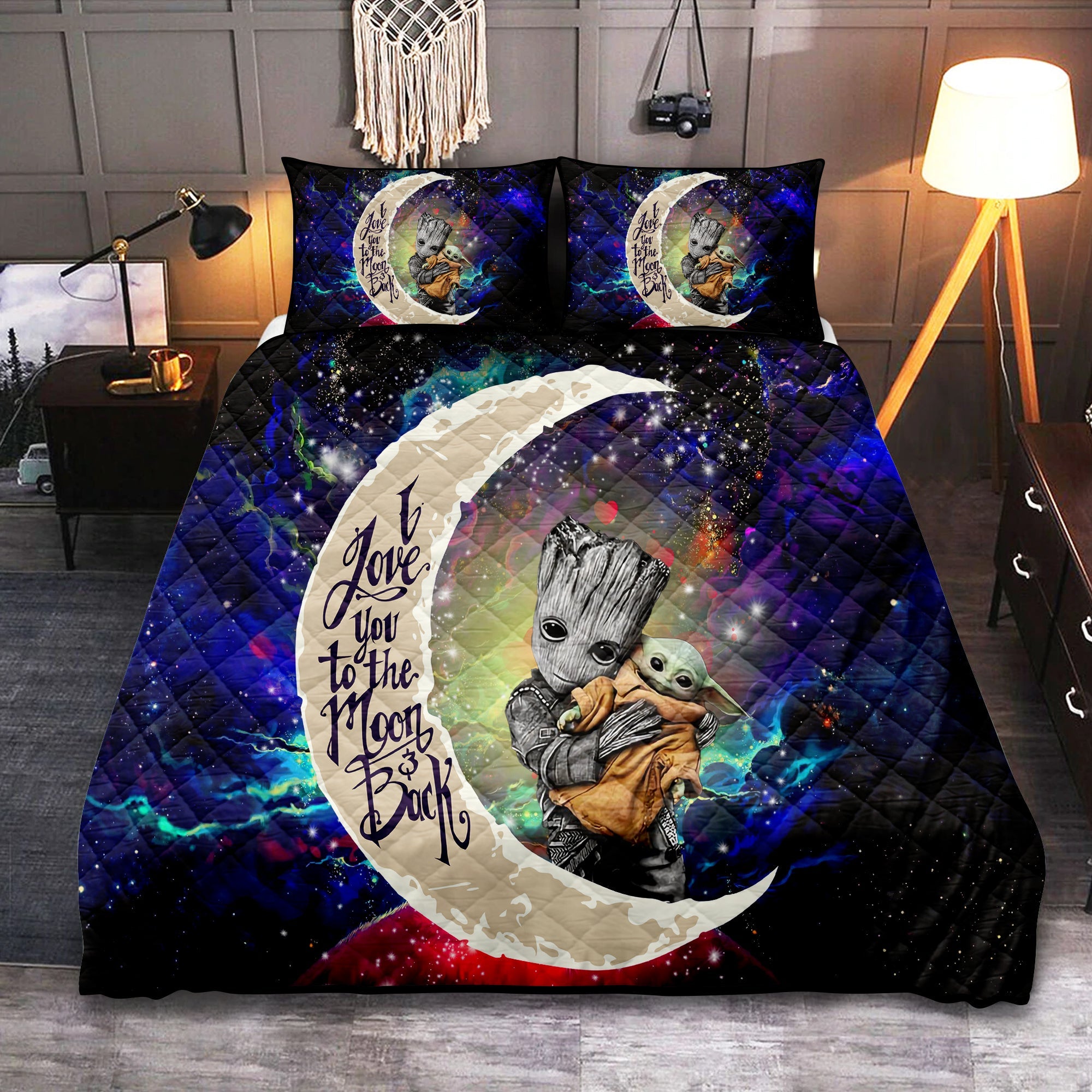 Groot Hold Baby Yoda Love You To The Moon Galaxy Quilt Bed Sets Nearkii