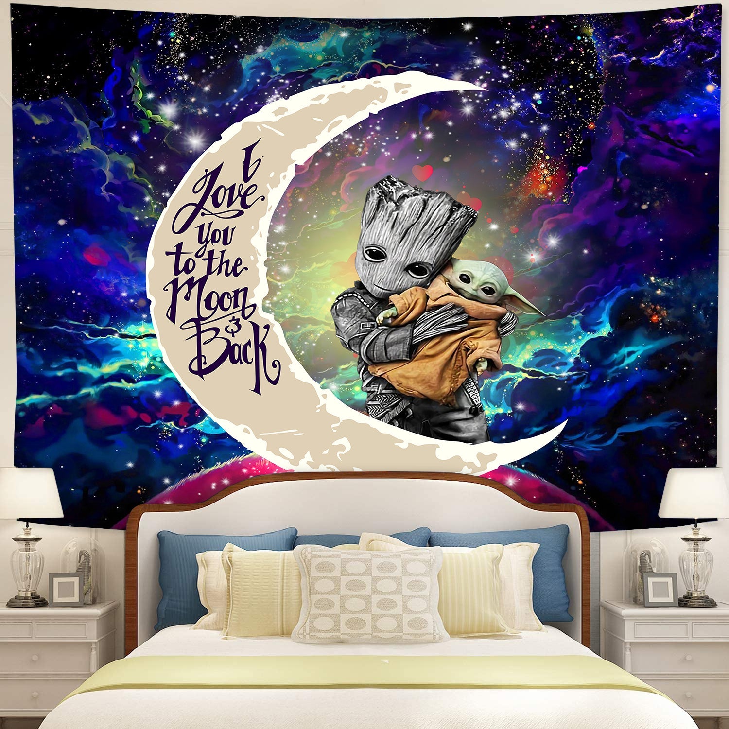 Groot Hold Baby Yoda Love You To The Moon Galaxy Tapestry Room Decor Nearkii