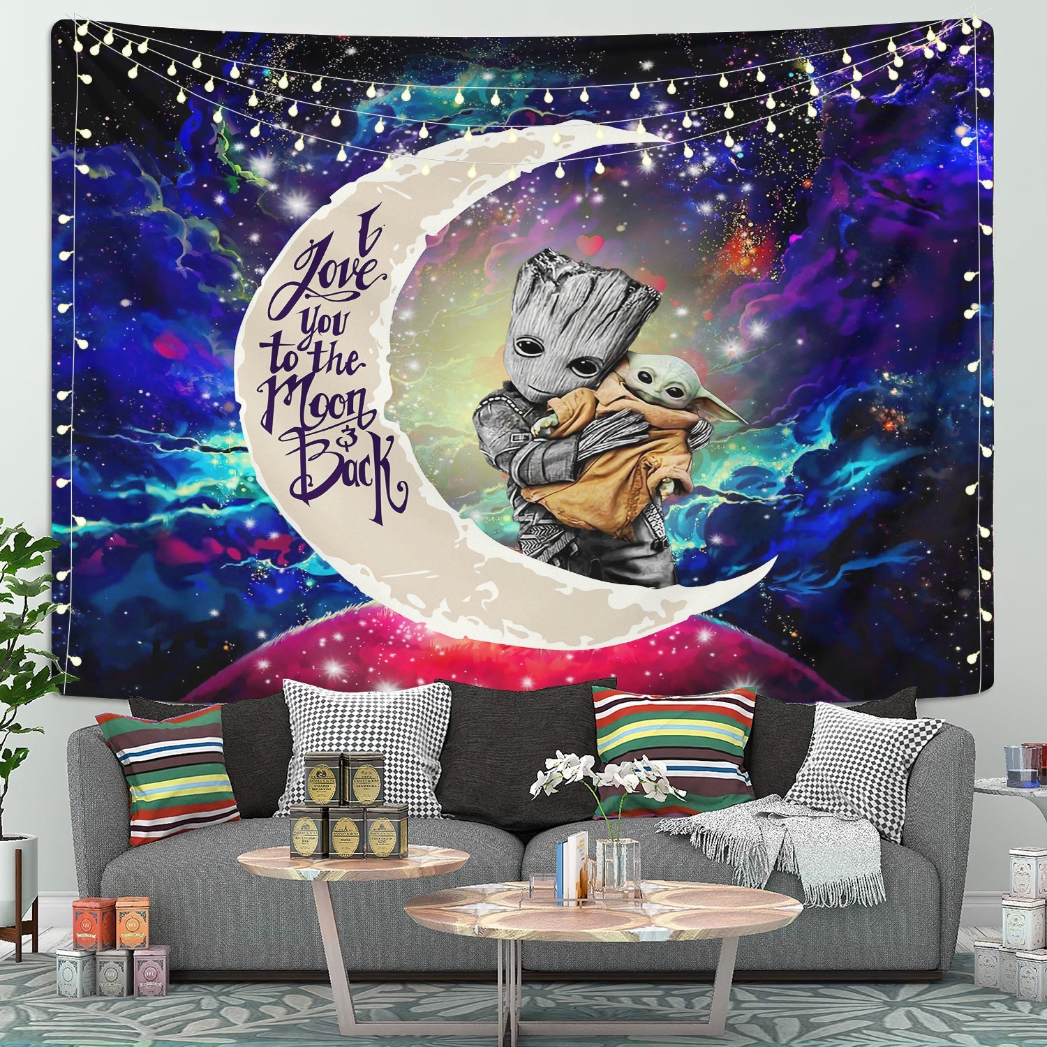 Groot Hold Baby Yoda Love You To The Moon Galaxy Tapestry Room Decor Nearkii