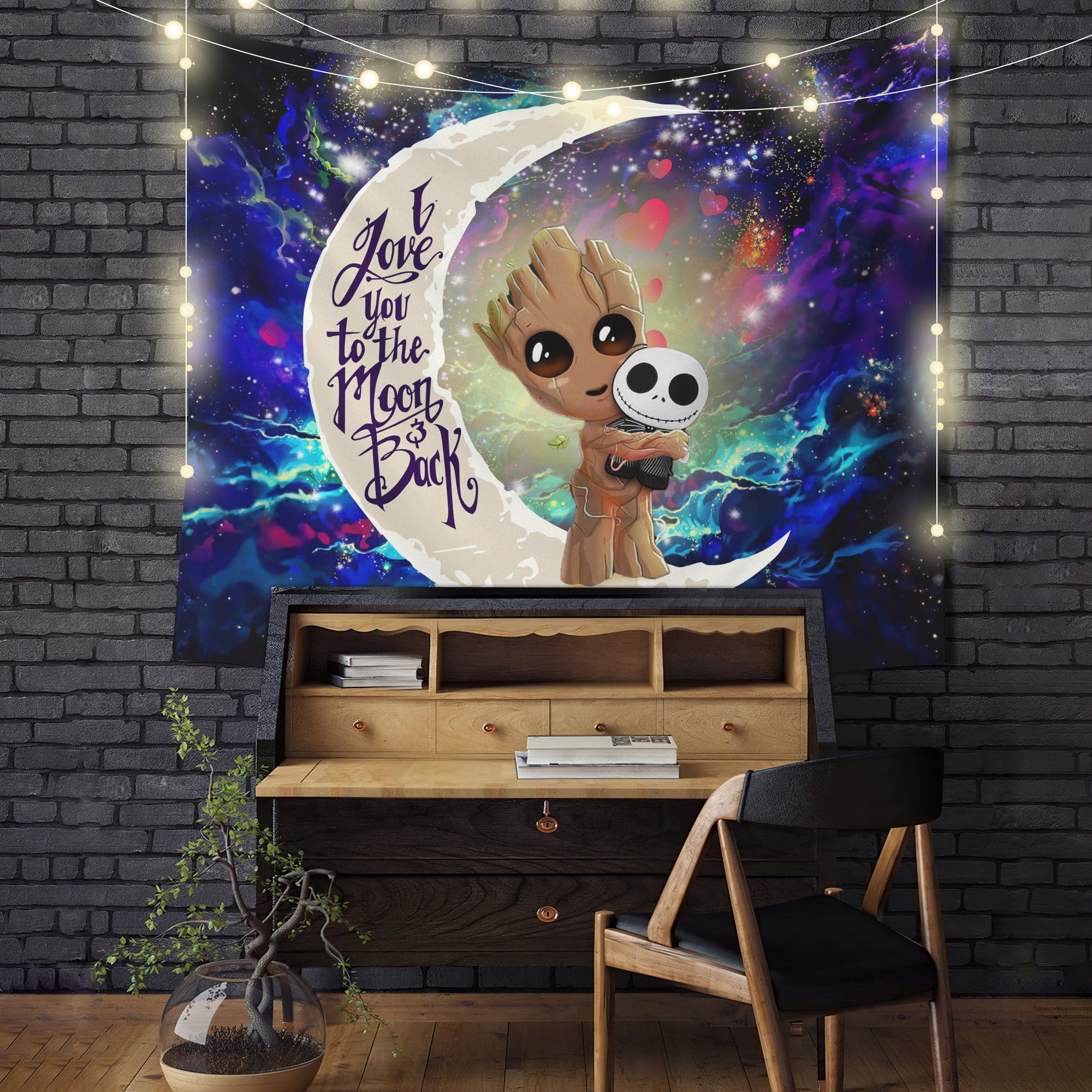 Groot Hold Jack Skelington Love You To The Moon Galaxy Tapestry Room Decor Nearkii