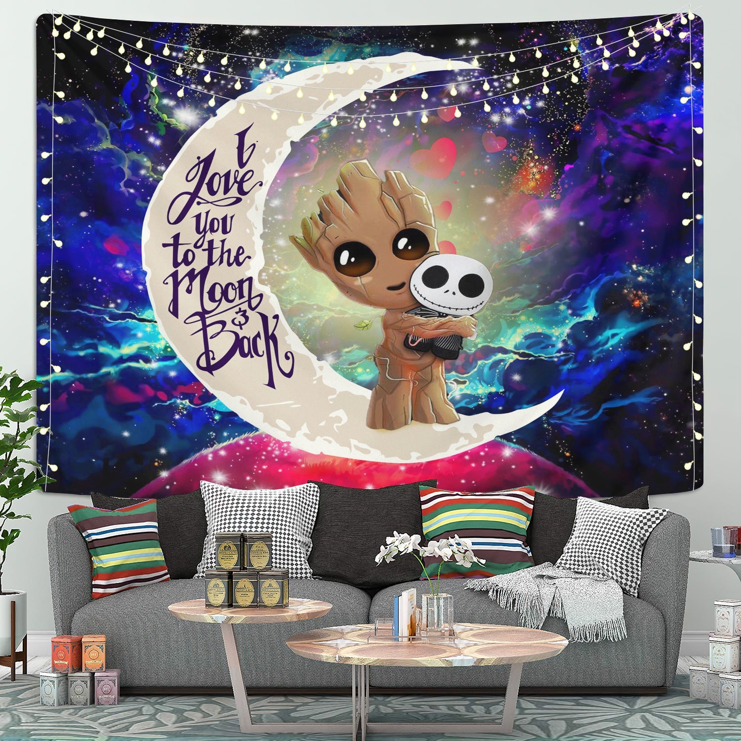 Groot Hold Jack Skelington Love You To The Moon Galaxy Tapestry Room Decor Nearkii