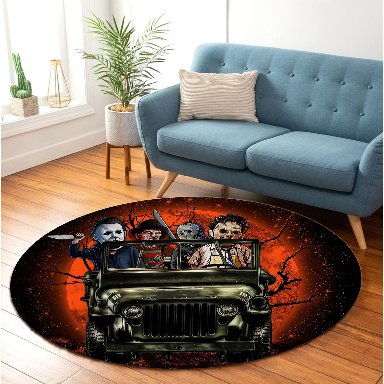 Halloween Horro Movie Ride Jeep Moonlight Halloween Round Carpet Rug Bedroom Livingroom Home Decor Nearkii