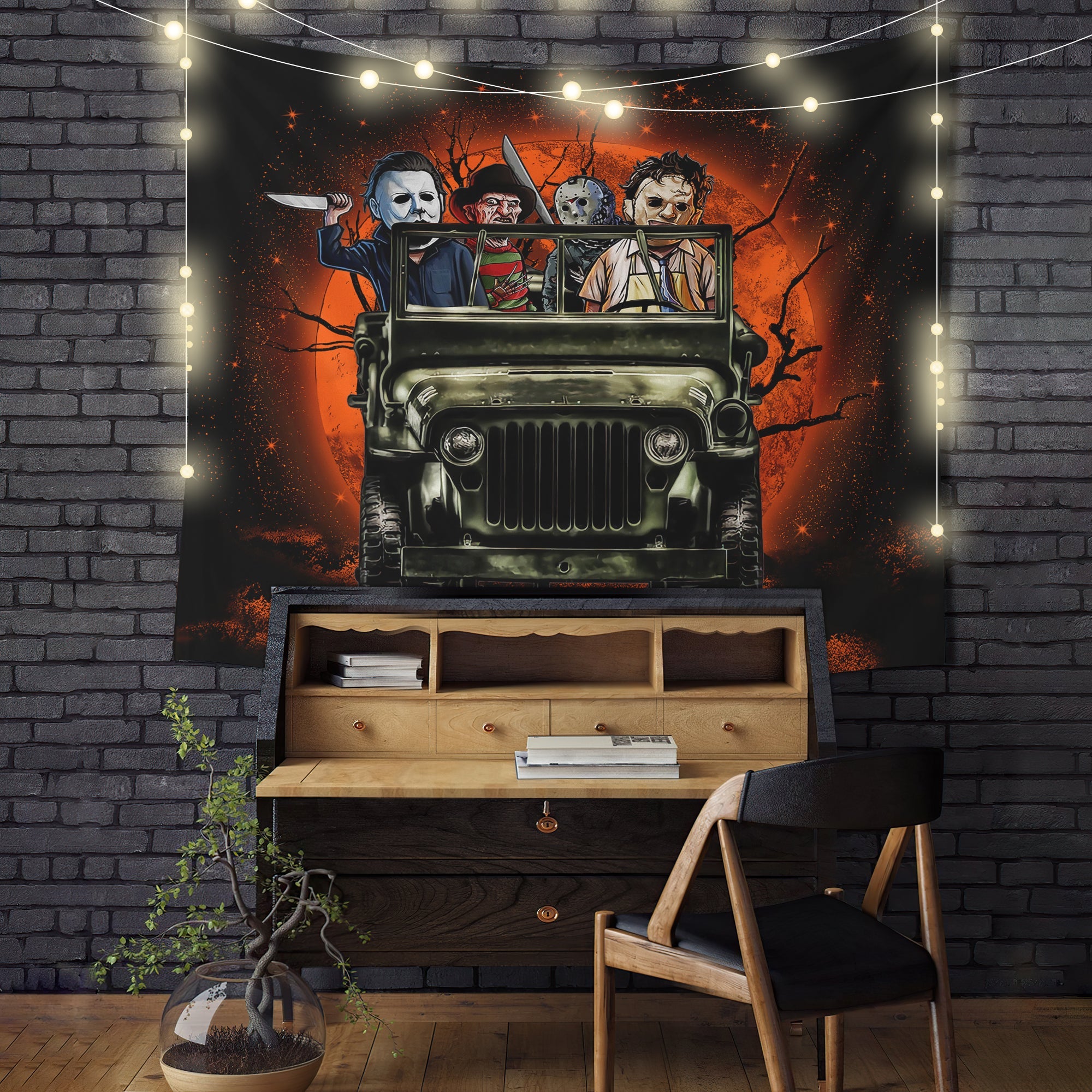 Halloween Horror Movie Ride Jeep Funny Moonlight Tapestry Room Decor Nearkii