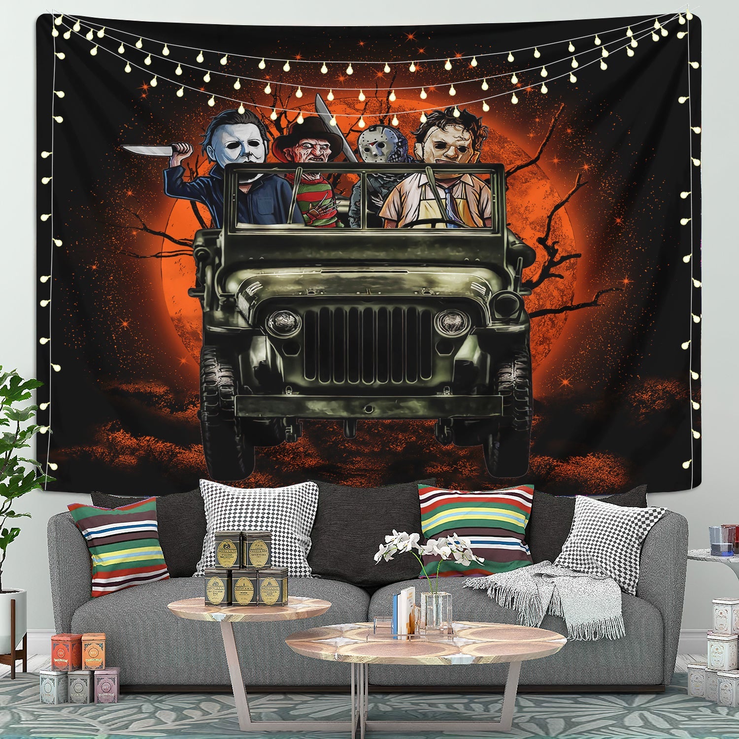 Halloween Horror Movie Ride Jeep Funny Moonlight Tapestry Room Decor Nearkii