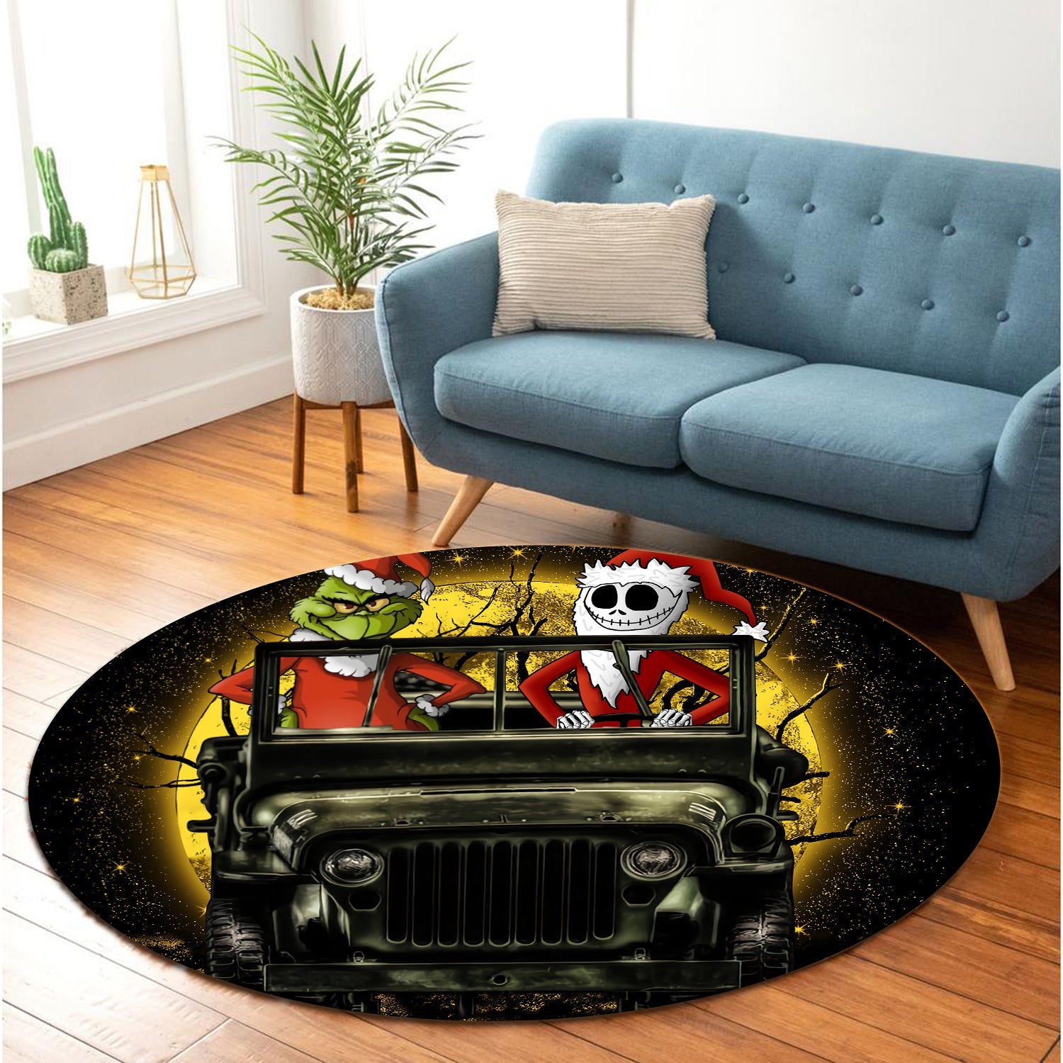 Jack Nightmare Before Christmas And Grinch Ride Jeep Moonlight Halloween Round Carpet Rug Bedroom Livingroom Home Decor Nearkii