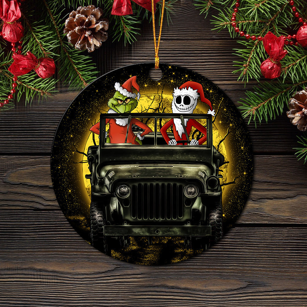 Jack Nightmare Before Christmas And Grinch Ride Jeep Moonlight Hallowwen Mica Circle Ornament Perfect Gift For Holiday Nearkii