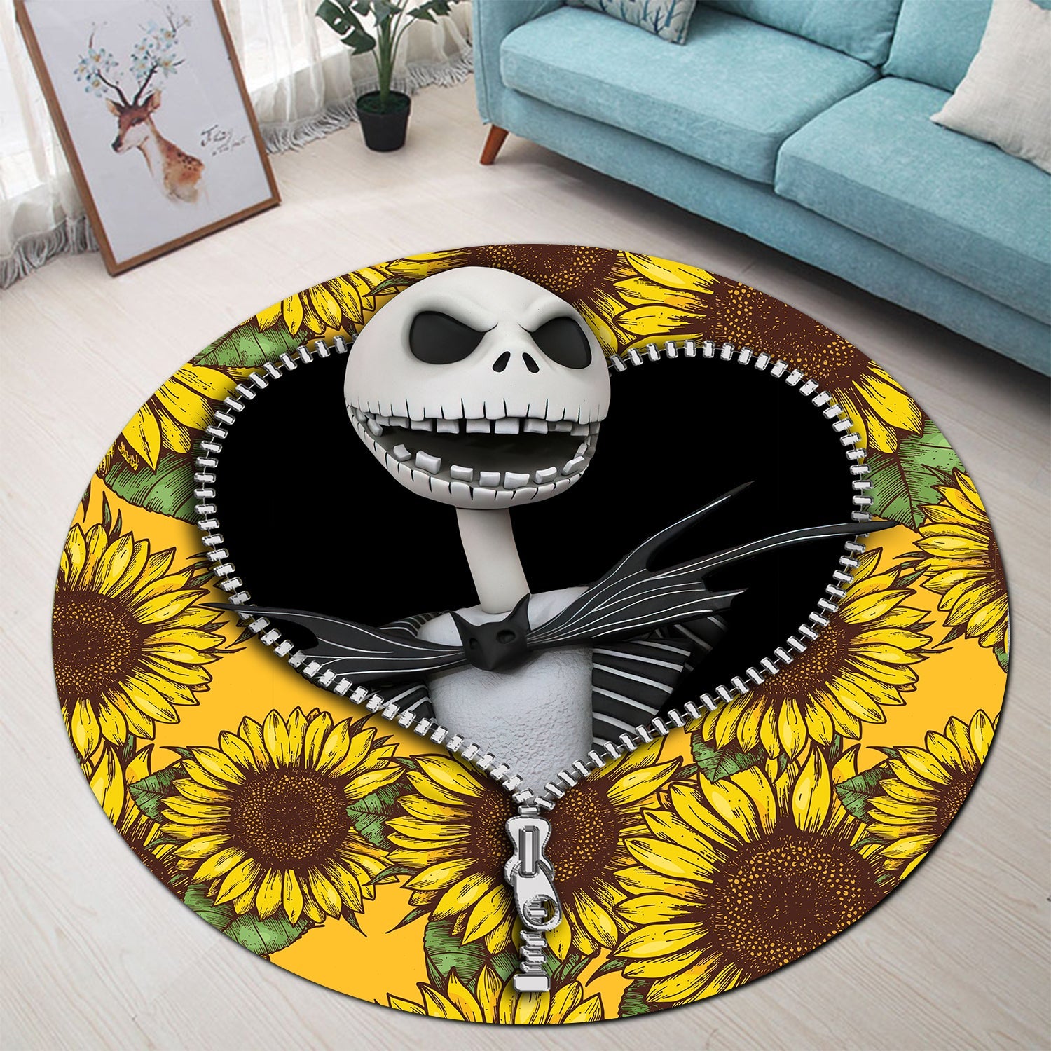 Jack Skellington Nightmare Before Christmas Sunflower Zipper Round Carpet Rug Bedroom Livingroom Home Decor Nearkii