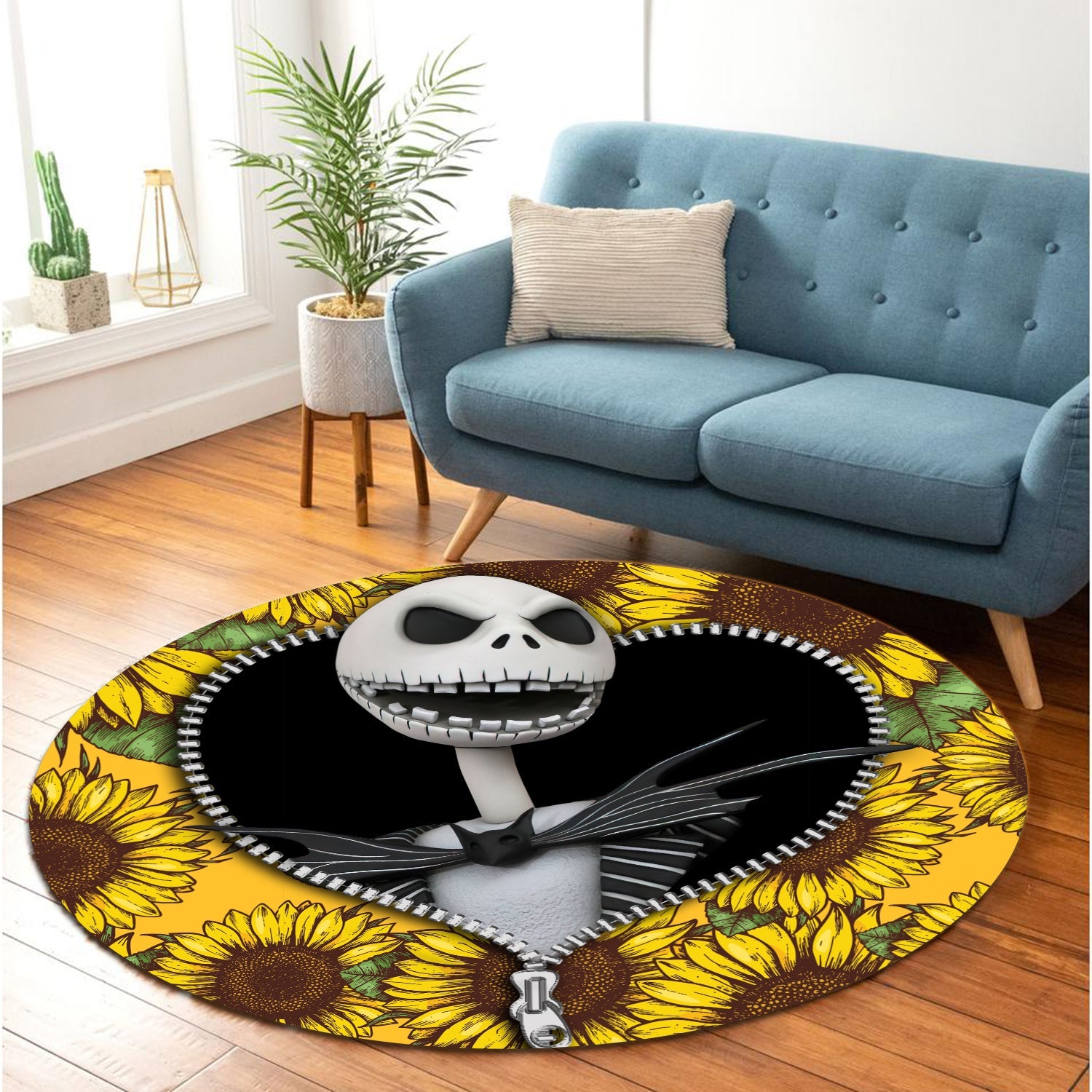 Jack Skellington Nightmare Before Christmas Sunflower Zipper Round Carpet Rug Bedroom Livingroom Home Decor Nearkii