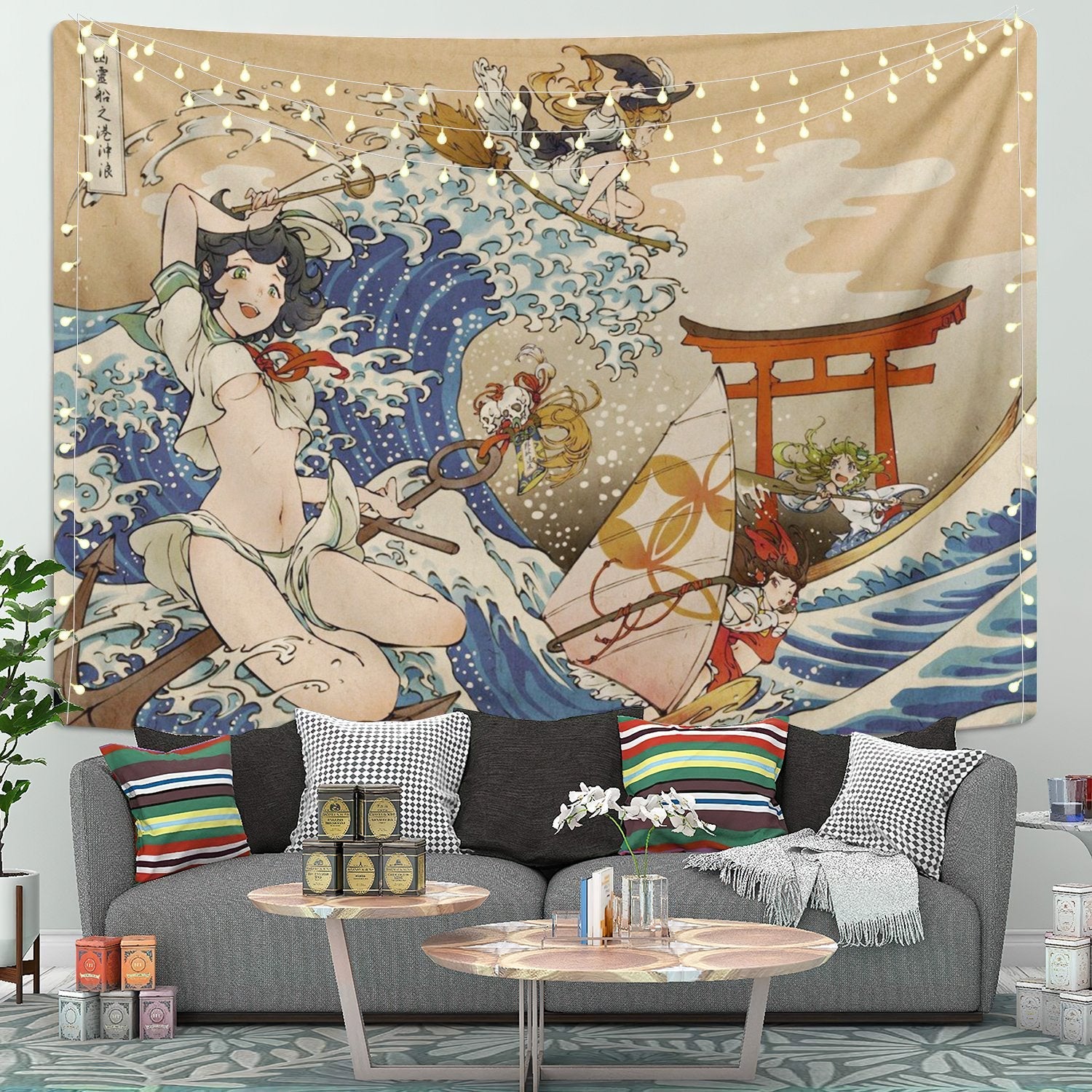 Japanese Girl Anime Great Wave Kanagawa Tapestry Room Decor Nearkii