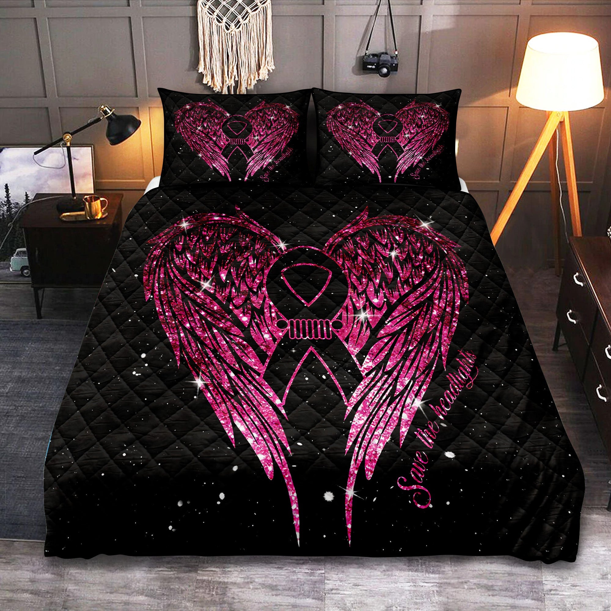 Jeep Girl Save The Headlights Breast Cancer Awareness Pink Quilt Bed Sets Nearkii