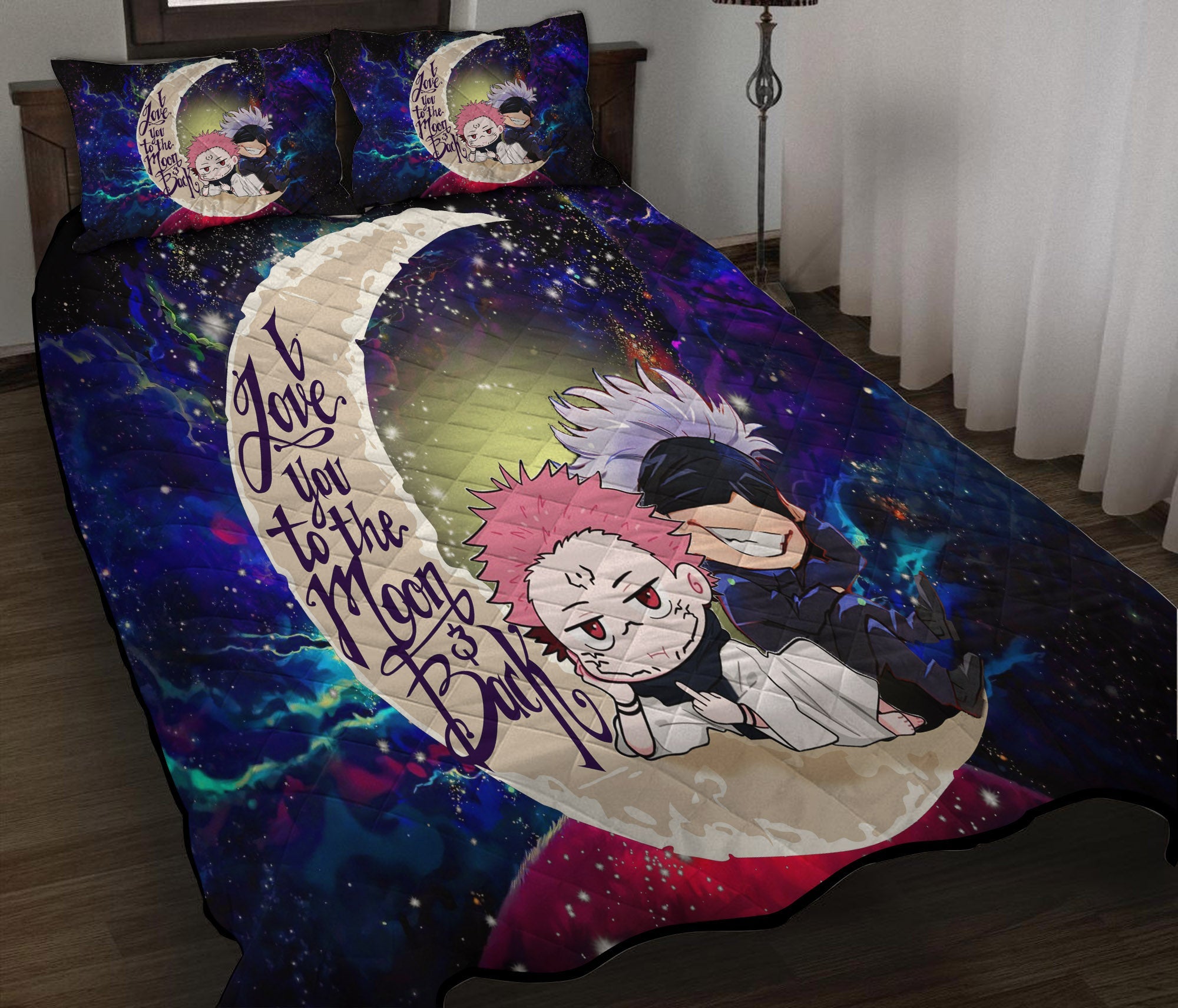 Jujutsu Kaisen Gojo Sakuna Chibi Anime Love You To The Moon Galaxy Quilt Bed Sets Nearkii