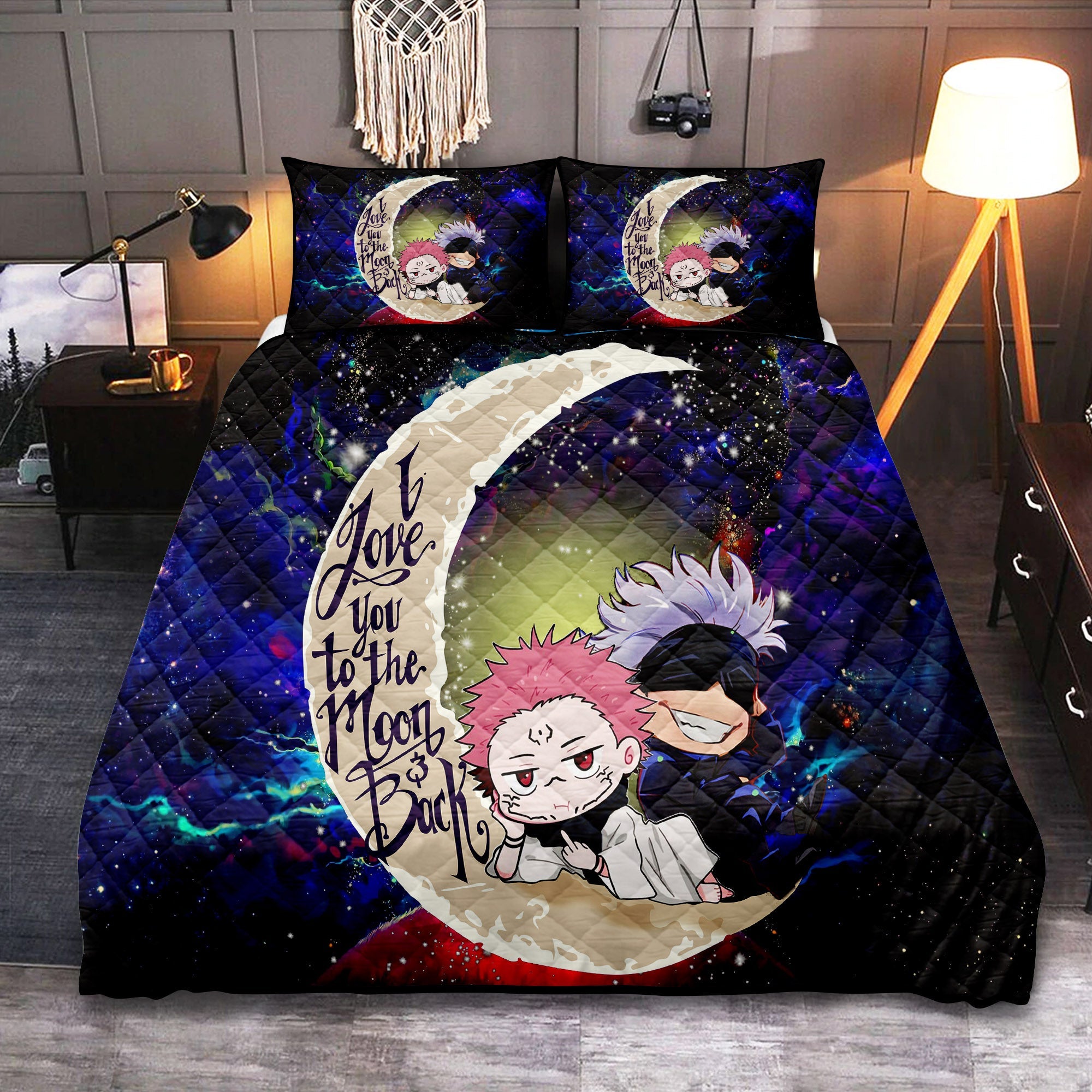 Jujutsu Kaisen Gojo Sakuna Chibi Anime Love You To The Moon Galaxy Quilt Bed Sets Nearkii