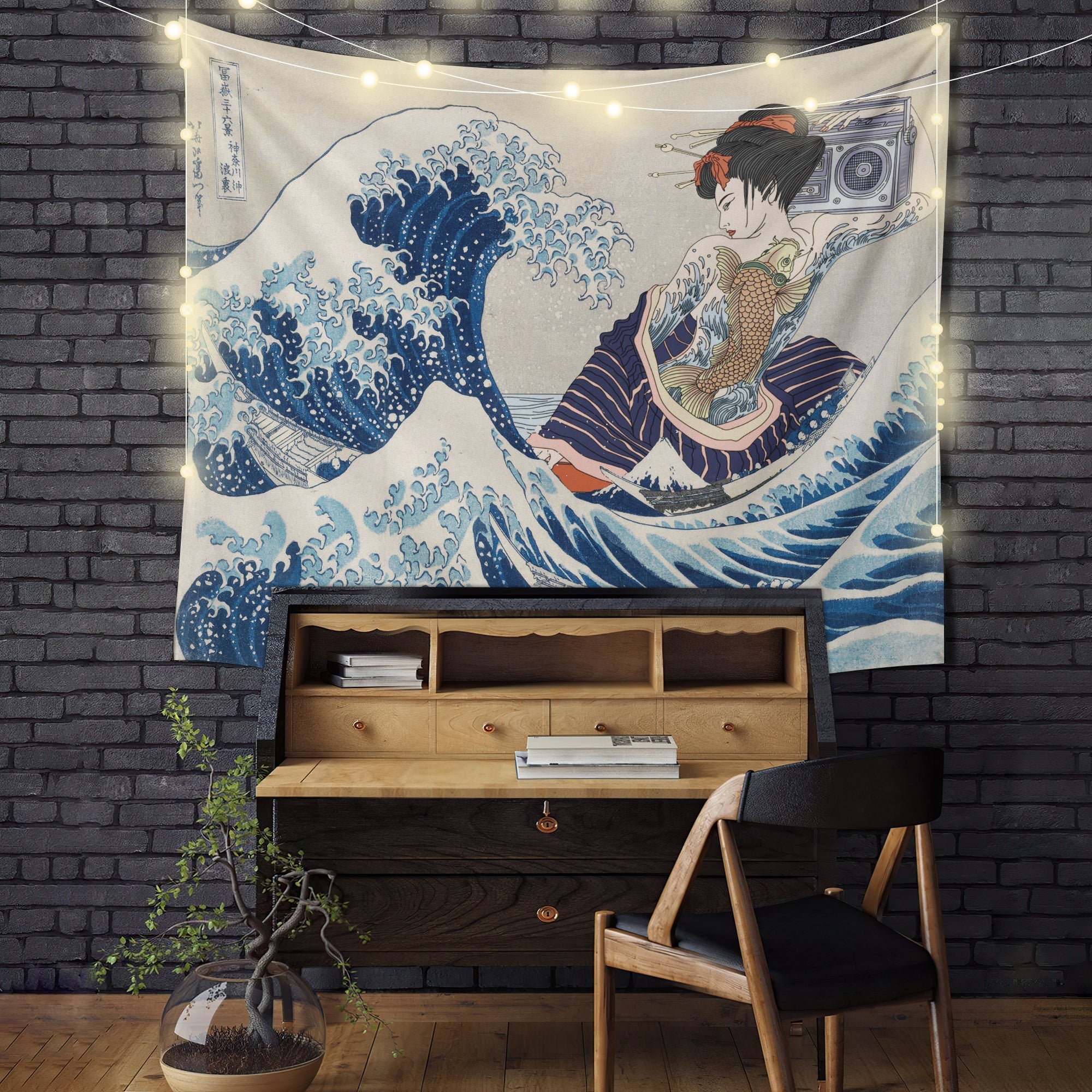 Kanagawa Girl The Great Wave Japanese Tapestry Room Decor Nearkii