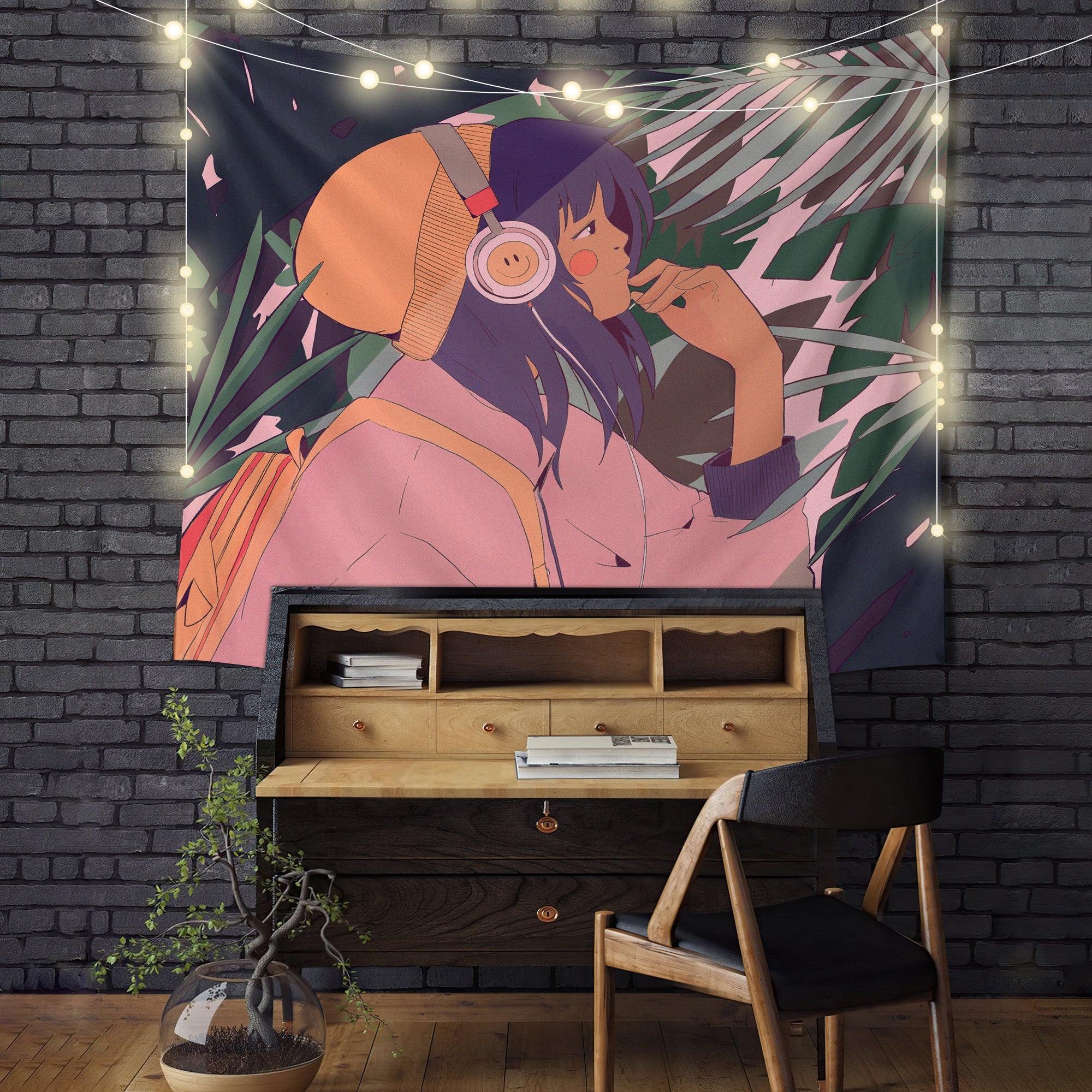 LofiChillGirlListenToMusicTapestryMC Lofi Chill Girl Listen To Music Tapestry Room Decor Nearkii