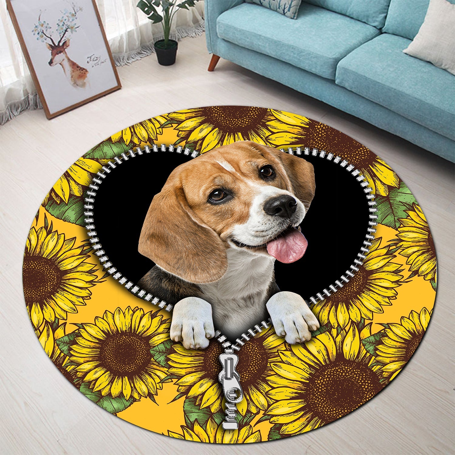 Lovely Beagle Sunflower Zipper Round Carpet Rug Bedroom Livingroom Home Decor Nearkii