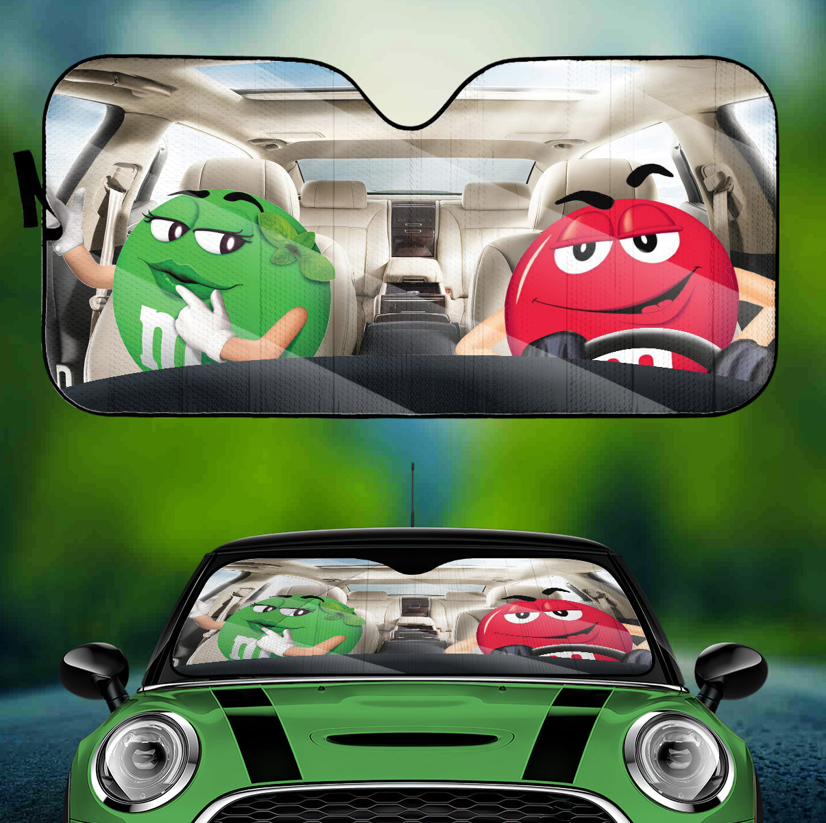 Funny M&M Chocolate Green Red Driving Car Auto Sunshade Nearkii