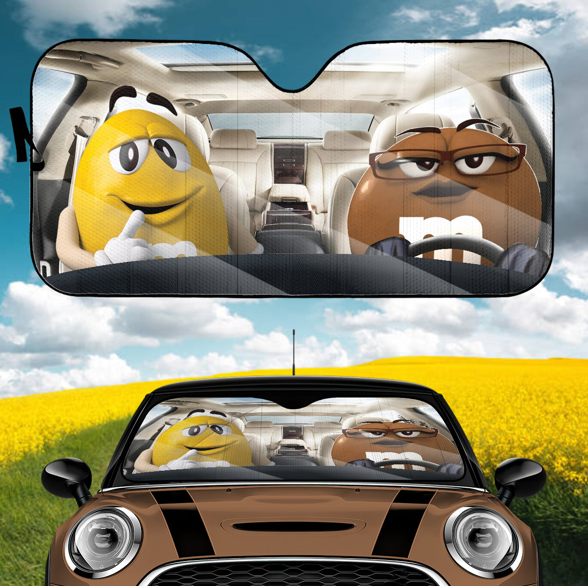 Funny M&M Chocolate Yellow Brown Driving Car Auto Sunshade Nearkii