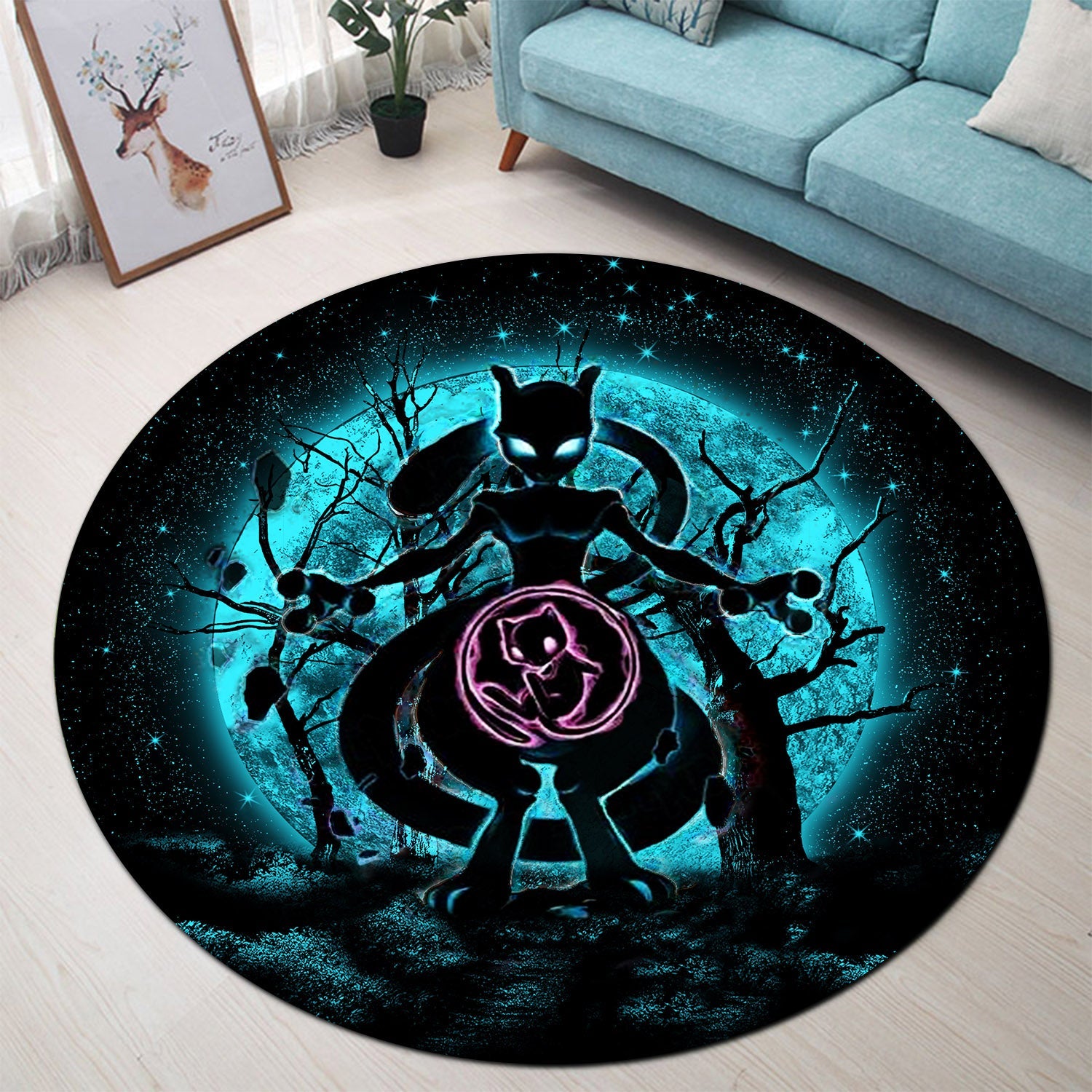 Mewtwo Pokemon Moonlight Round Carpet Rug Bedroom Livingroom Home Decor Nearkii