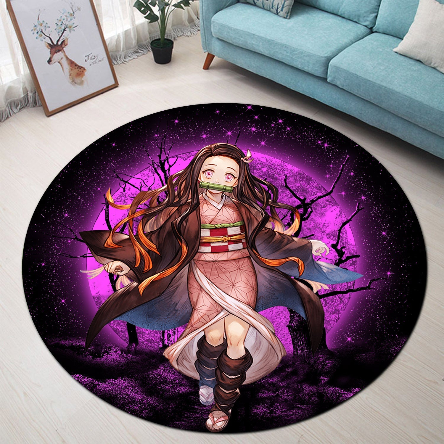 Nezuko Moonlight Round Carpet Rug Bedroom Livingroom Home Decor Nearkii