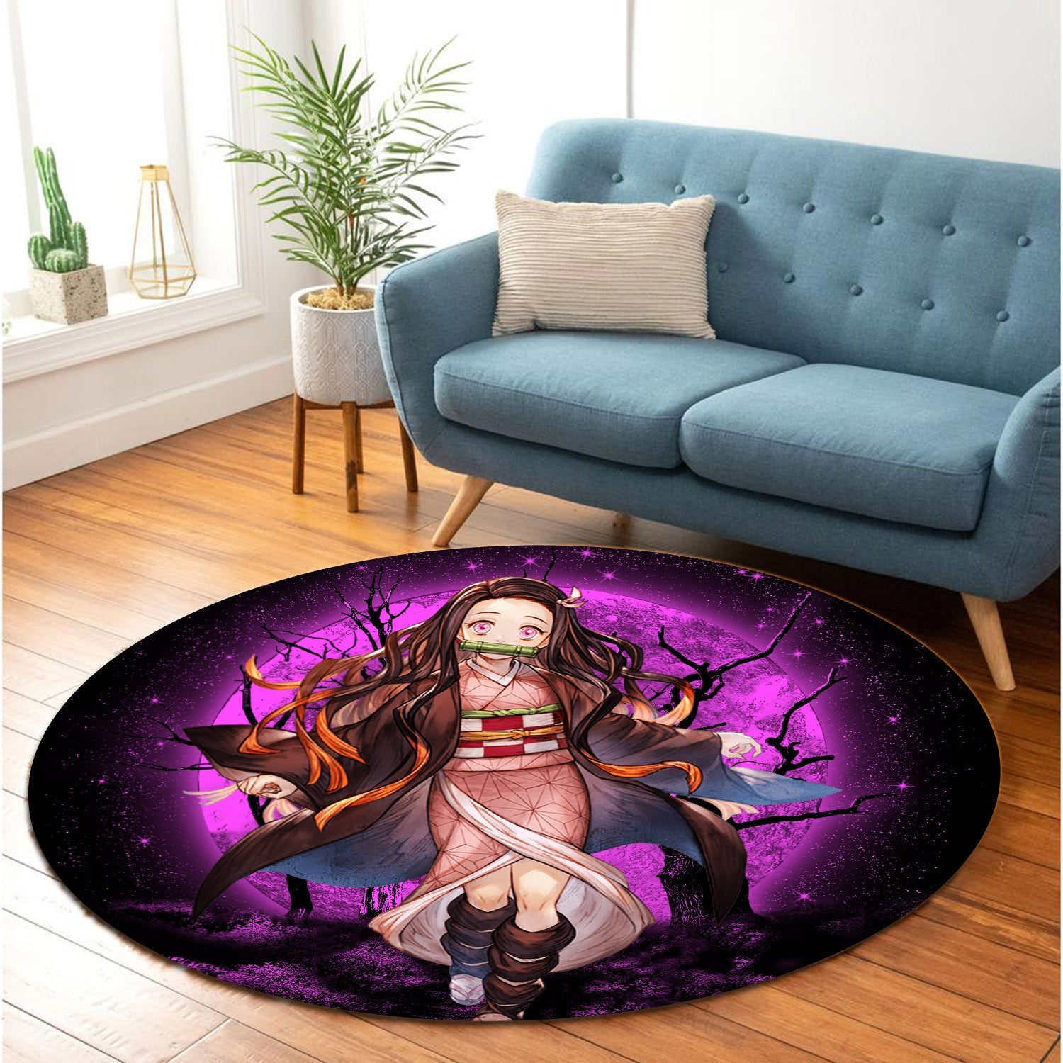 Nezuko Moonlight Round Carpet Rug Bedroom Livingroom Home Decor Nearkii