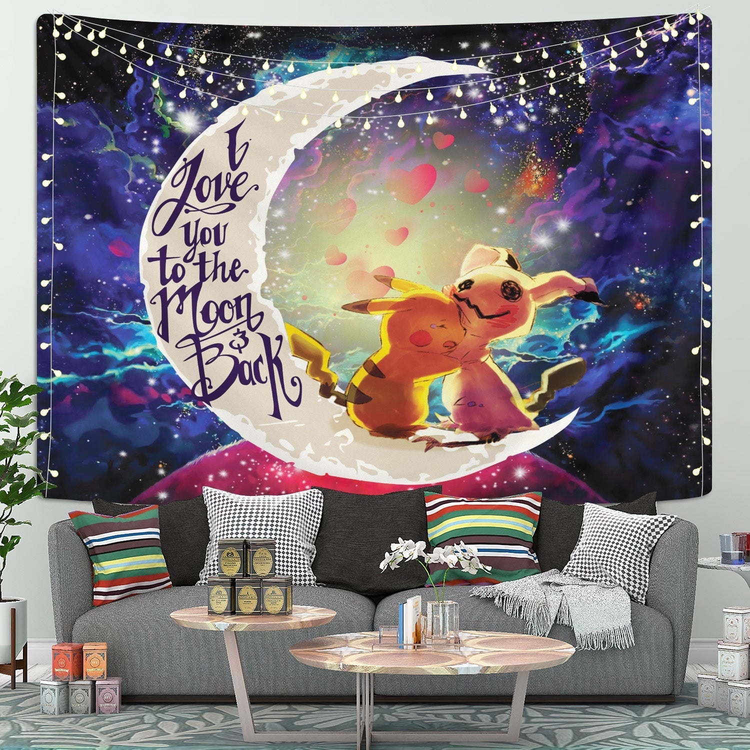 Pikachu Mimikyu Pokemon Love You To The Moon Galaxy Tapestry Room Decor Nearkii