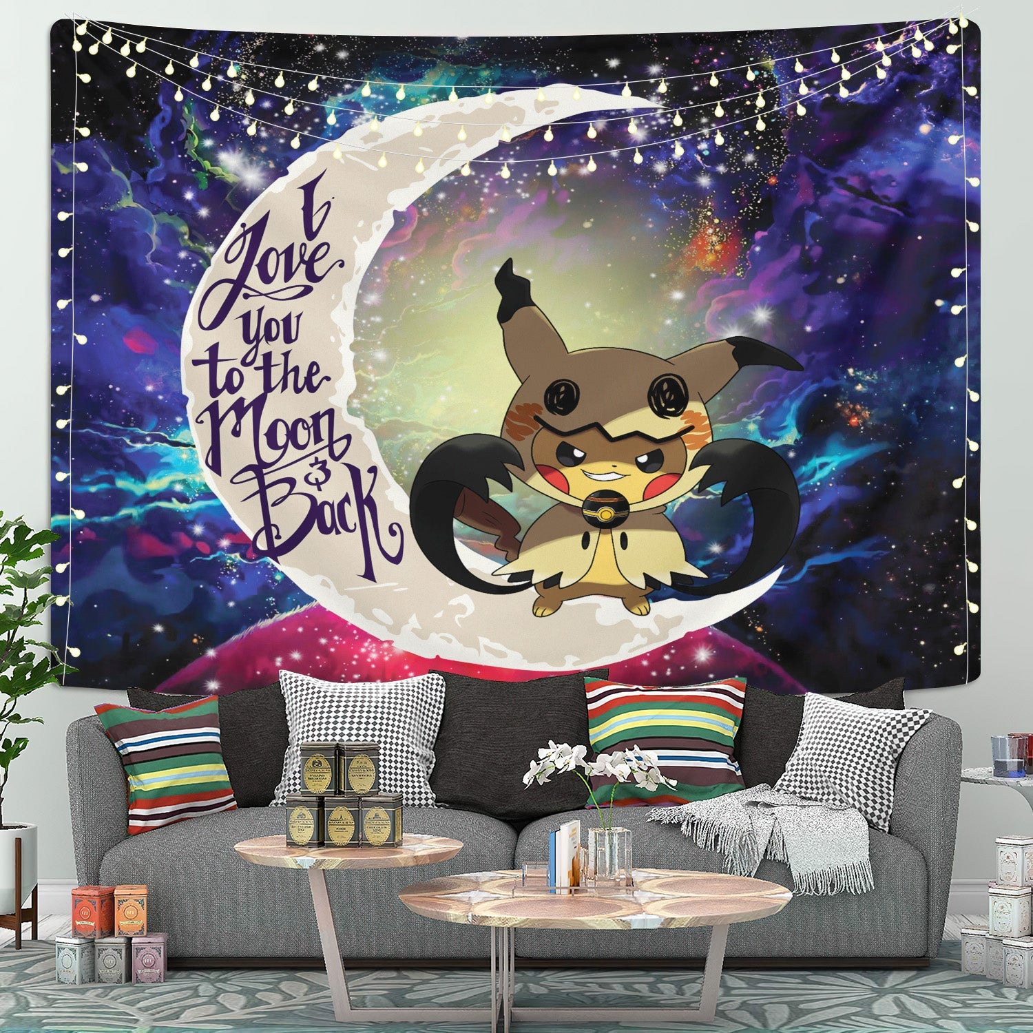 Pikachu Mimikyu Pokemon Love You To The Moon Galaxy 1 Tapestry Room Decor Nearkii