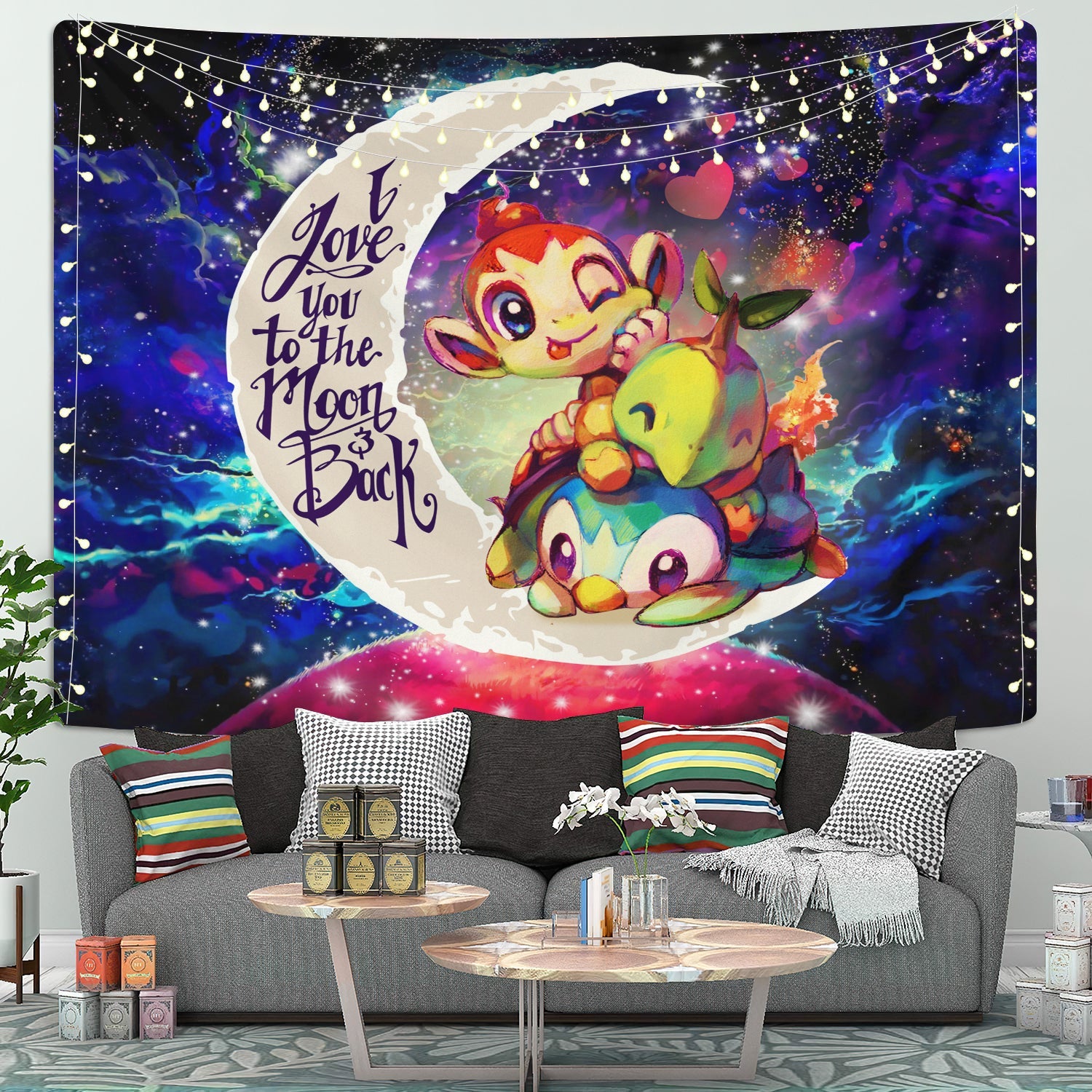 Piplup Turtwig And Chimchar Gen 4 Love You To The Moon Galaxy Tapestry Room Decor Nearkii