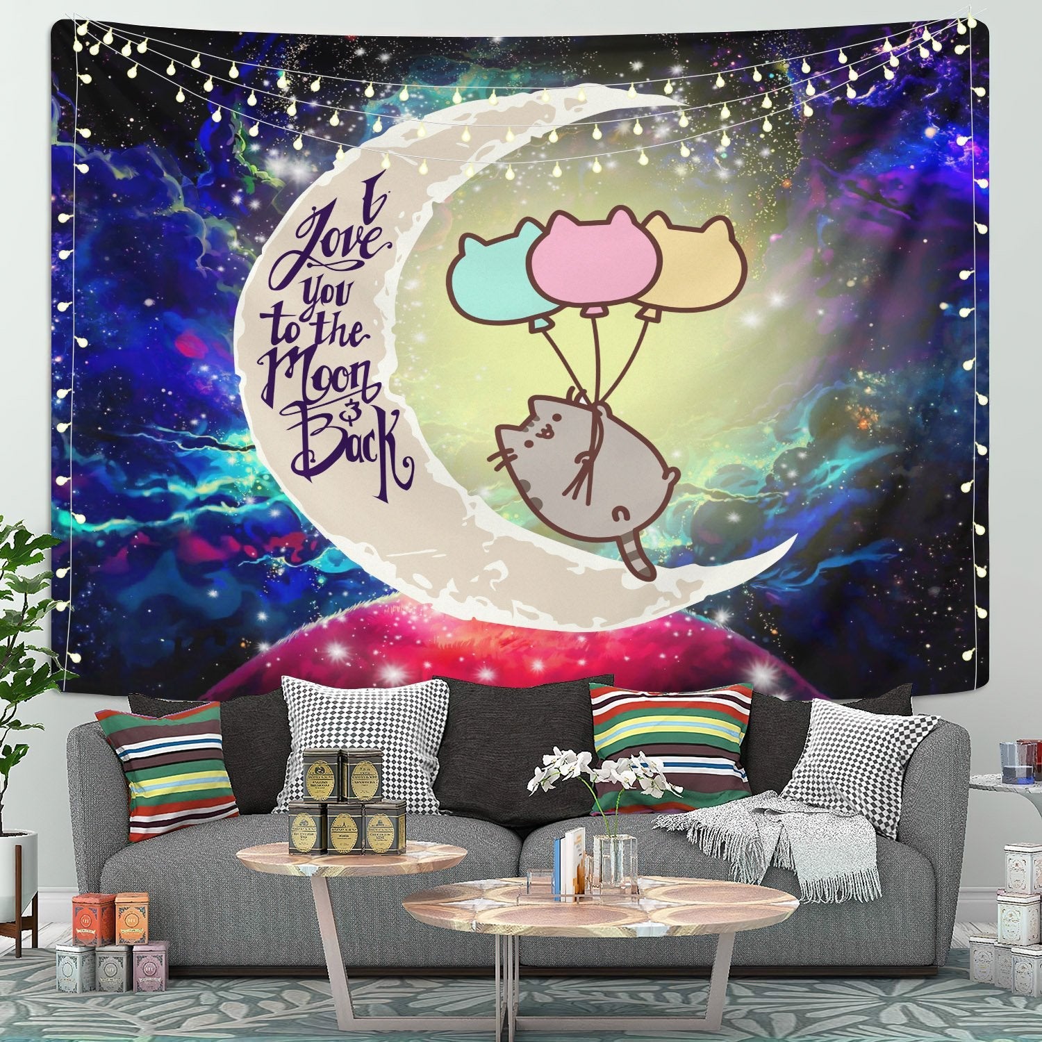 Pusheen Cat Moon And Back Galaxy Tapestry Room Decor Nearkii