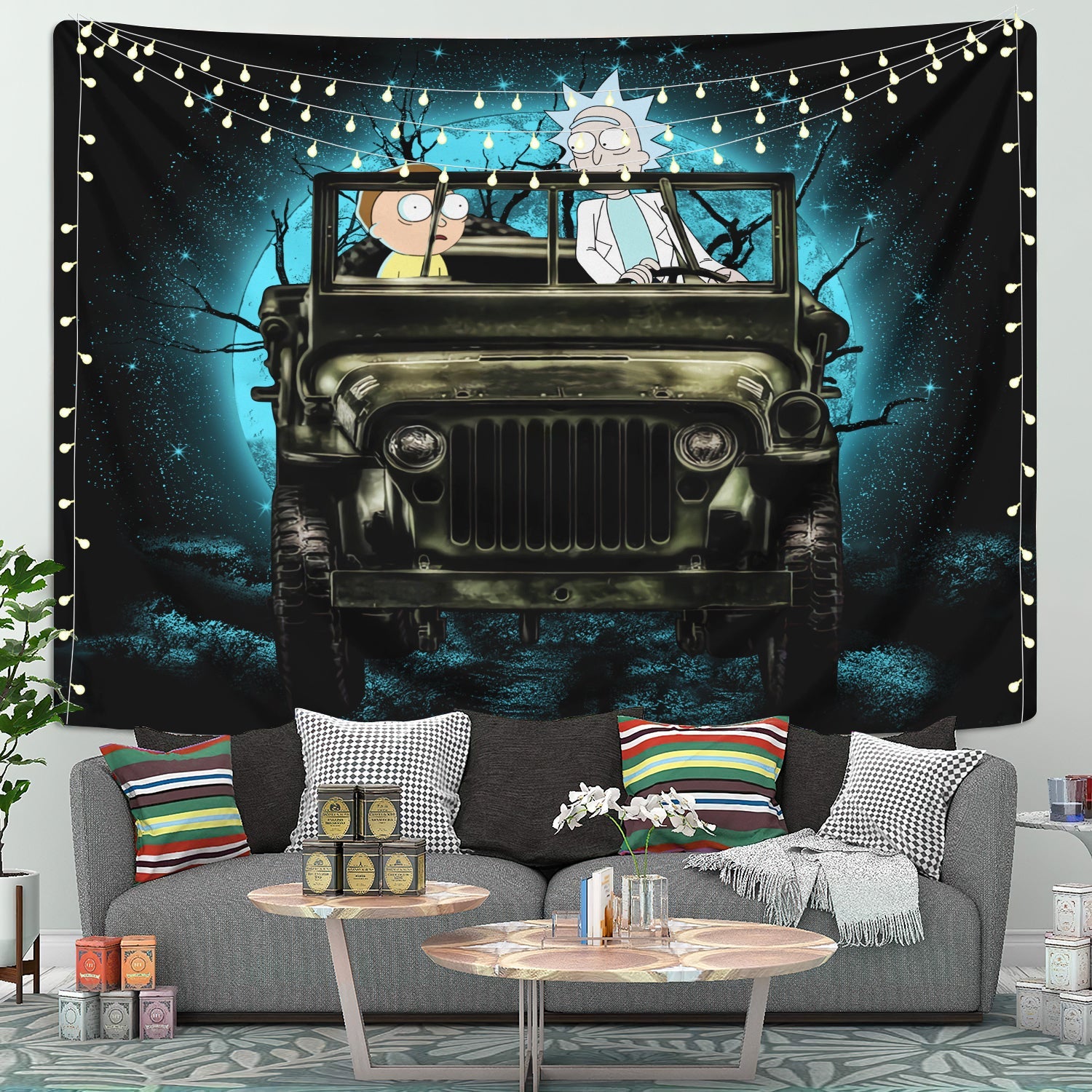 Rick And Morty Moonlight Halloween Jeep Funny Tapestry Room Decor Nearkii